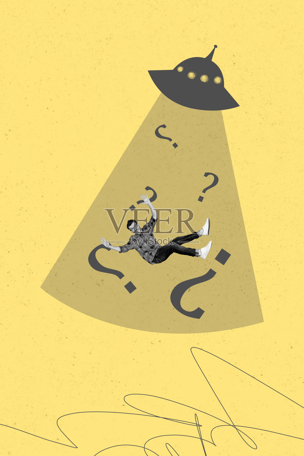 黑白剪影年轻男子悬浮飞行的涂鸦图画拼贴艺术作品，包含问题、UFO和外星机器。照片摄影图片