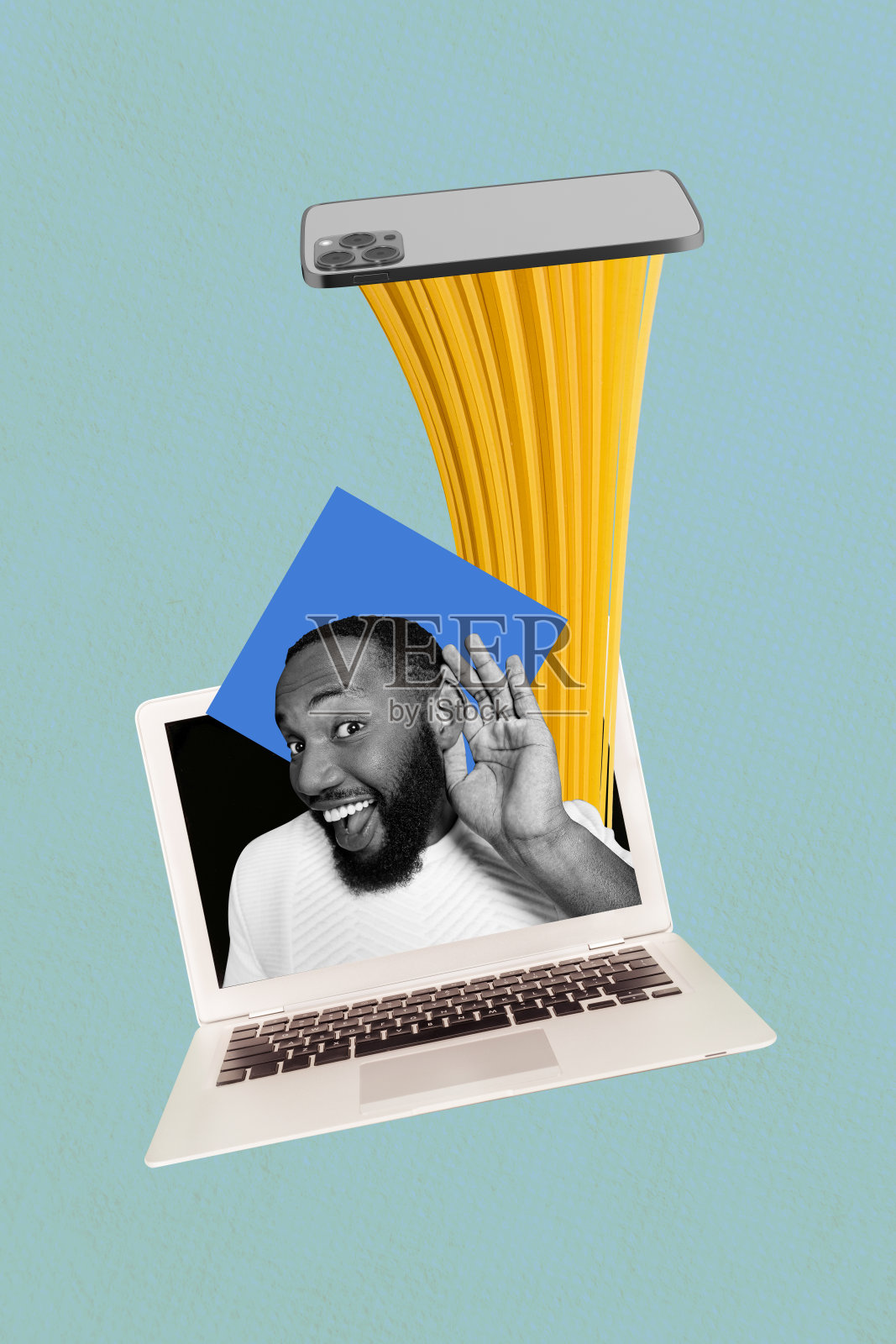 有创意的趋势拼贴，展示搞笑的年轻人在网络视频通话中使用笔记本电脑，奇怪、怪异、不同寻常的幻想。照片摄影图片