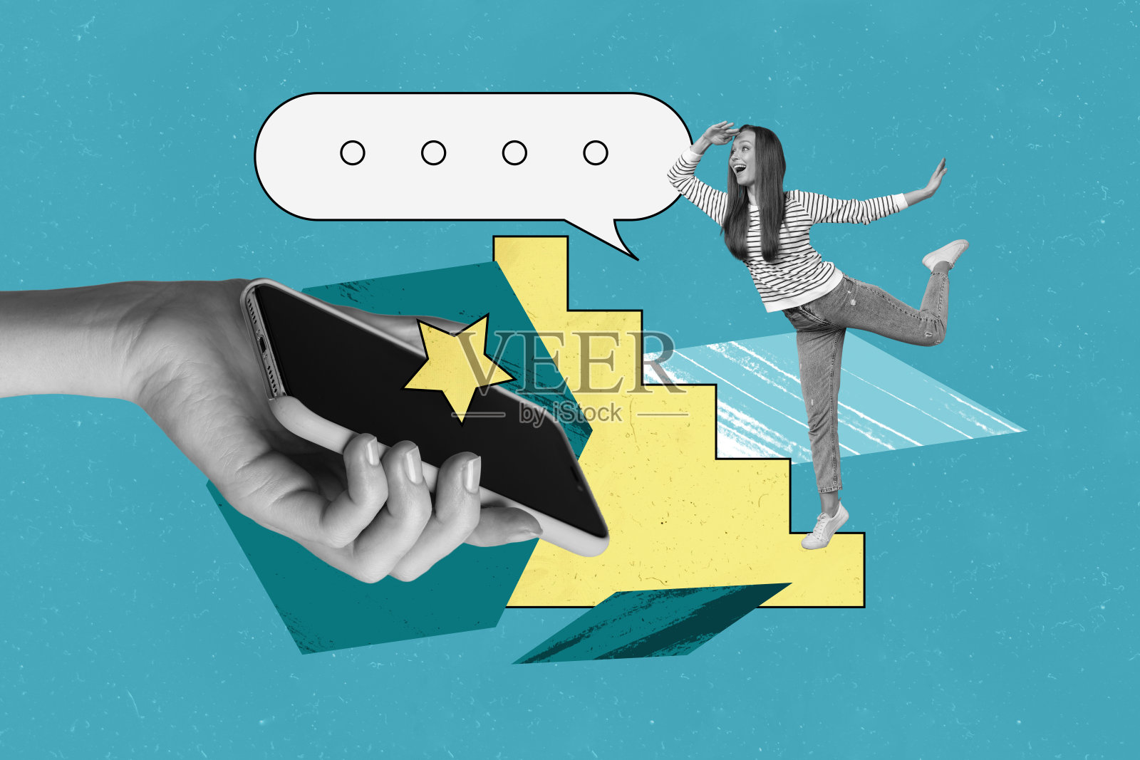 创意拼贴画，年轻女性远望，观察、搜索，查看智能手机屏幕，进行互联网客户支持回复信息。照片摄影图片