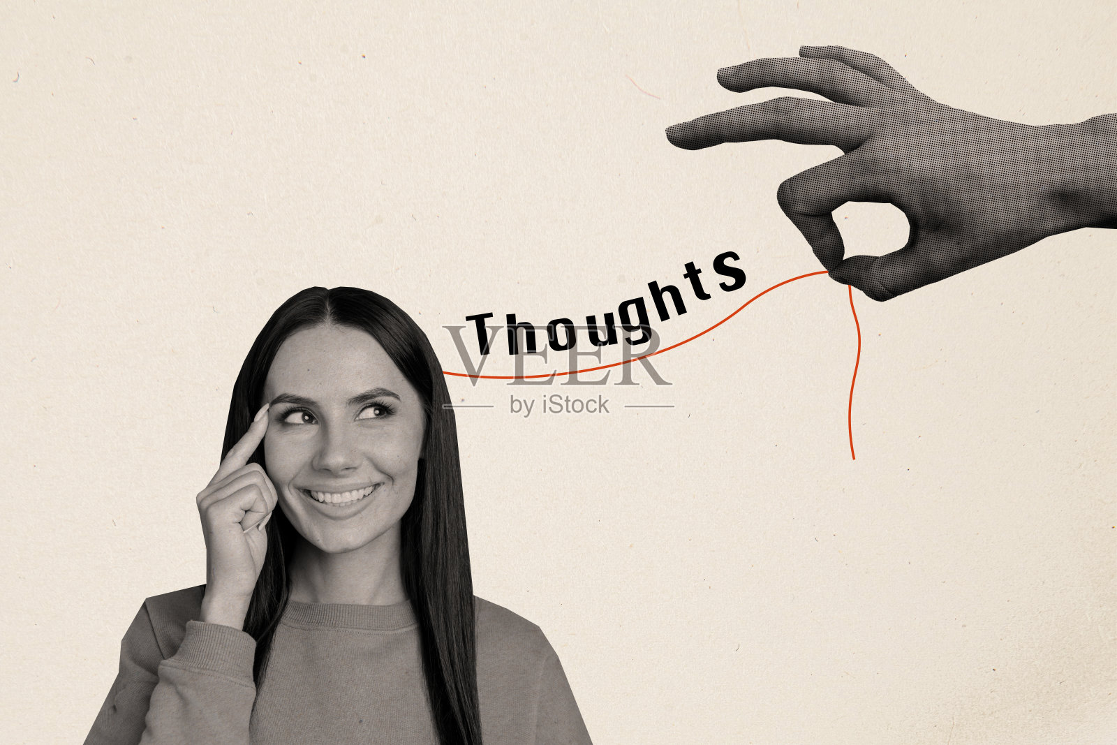 创意背景上孤立的迷你女孩头部，手臂拉扯思绪的拼贴艺术作品照片摄影图片