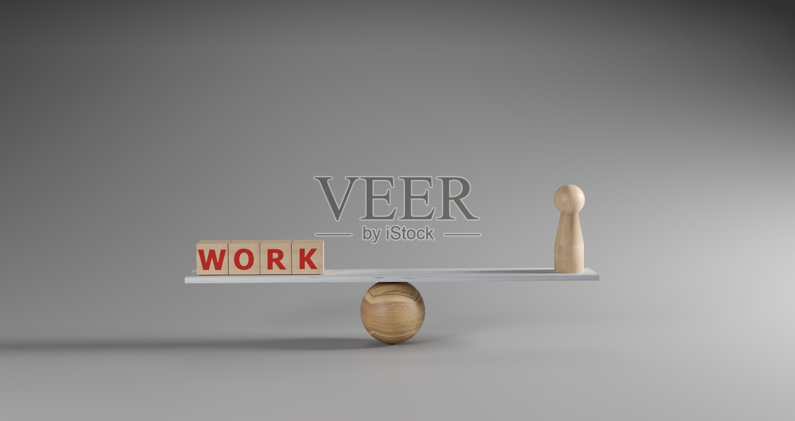 在天平上平衡堆叠的工作积木和人形玩偶。象征着工作与生活的平衡、劳动的负担，以及个人努力或福祉与当前任务的价值。3D渲染。照片摄影图片