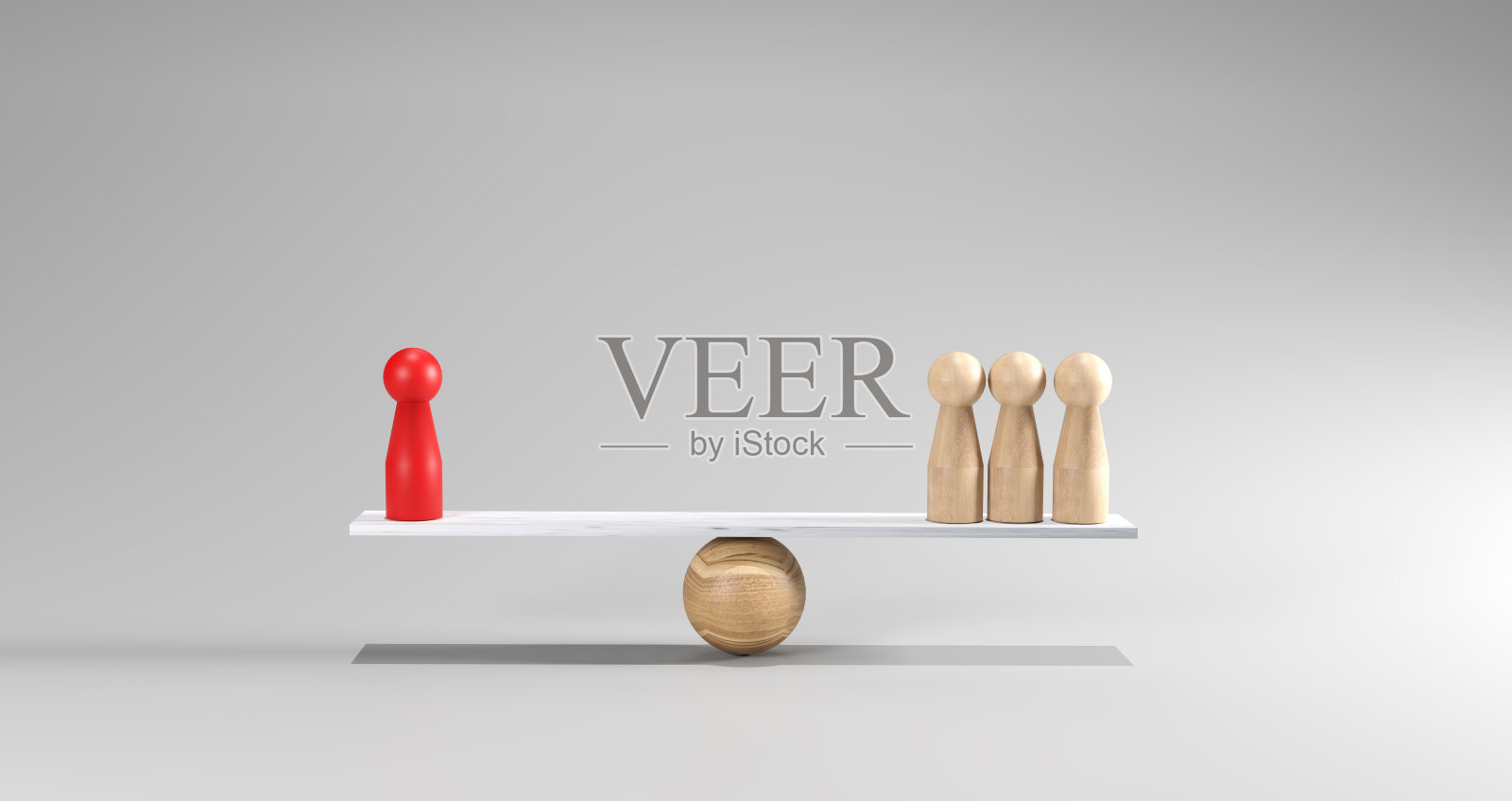 3D红色玩偶和木制玩偶在天平上平衡，象征着平等、杠杆、战略决策。概念反映了现代商业中的公平、权力动态和资源管理。照片摄影图片