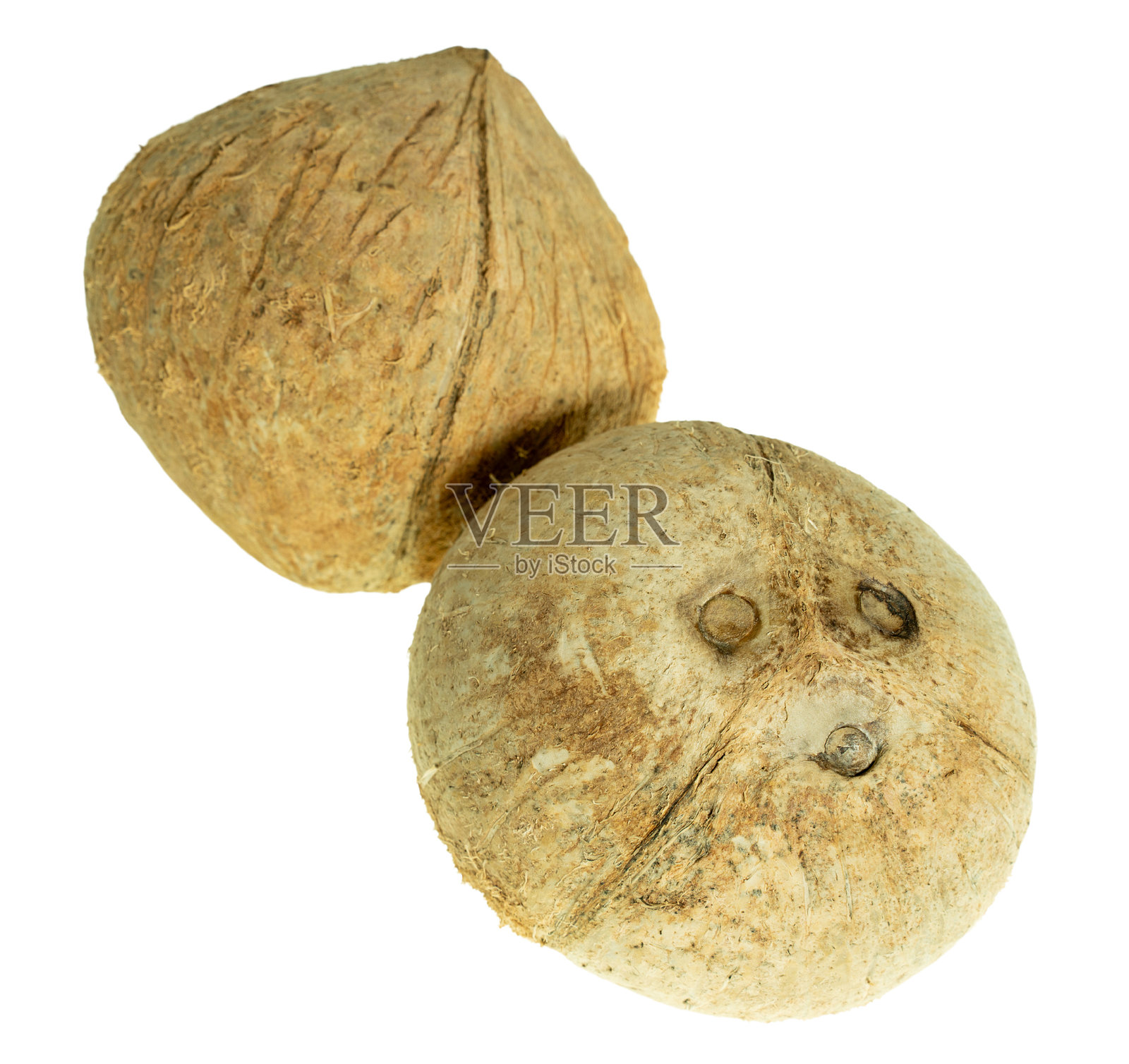 白色背景上的椰子，带有剪切蒙版，自然瑕疵和粗糙的外壳纹理，独立于白色背景。非常适合食品浪费、腐烂、有机物质的主题。照片摄影图片