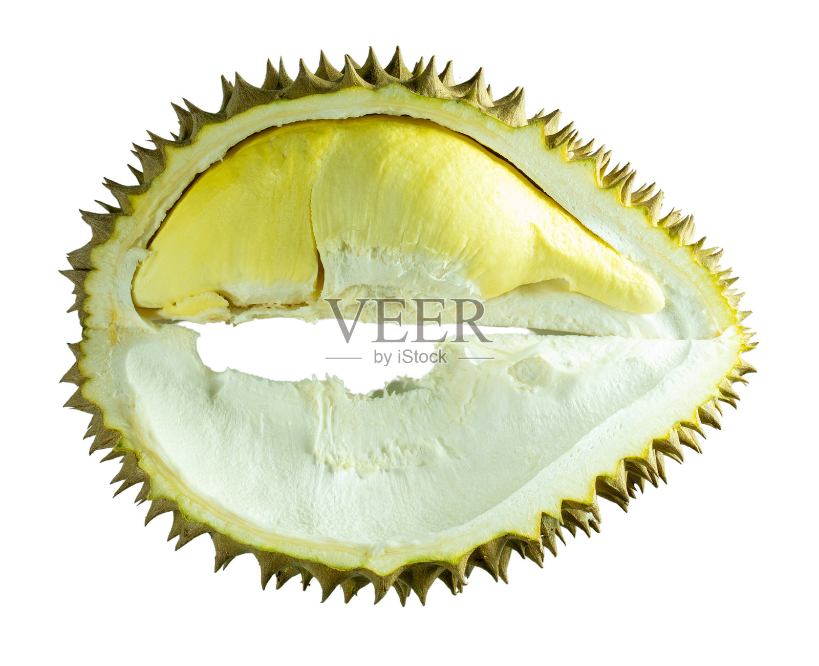 切开的成熟榴莲特写，露出其奶油黄色的果肉和尖刺外壳。背景为黑色，形成戏剧性的对比，适合食品和热带水果主题。照片摄影图片