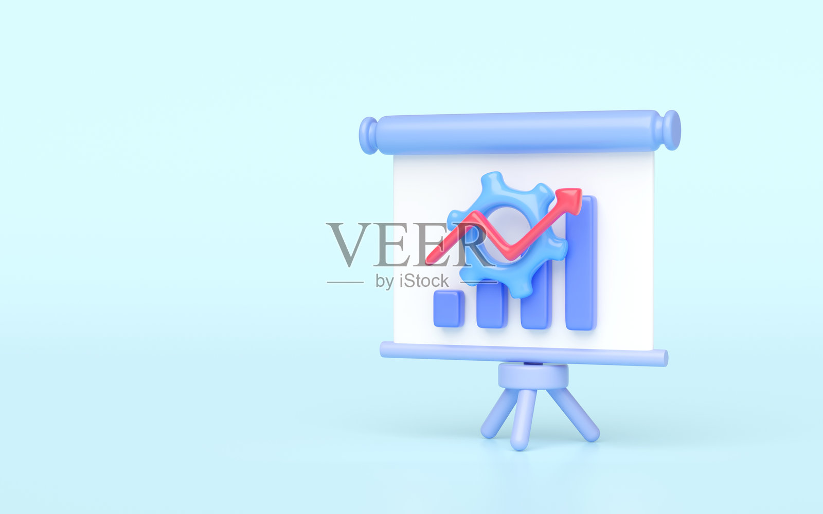 带支架的3D展示板图标，包含齿轮、图表和数据，背景为蓝色。卡通风格。商业金融分析，3D渲染插图。照片摄影图片