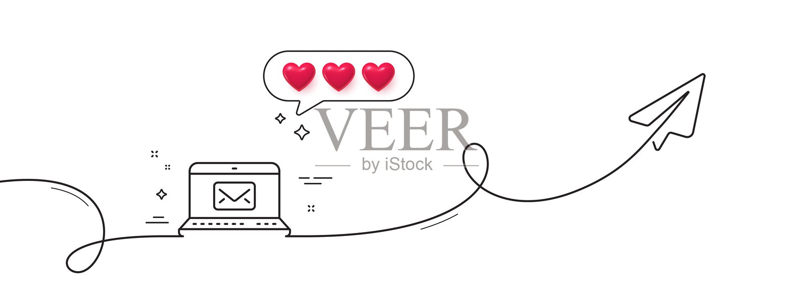 电子邮件线条图标。消息通信标志。带飞机的连续线。矢量图。插画图片素材