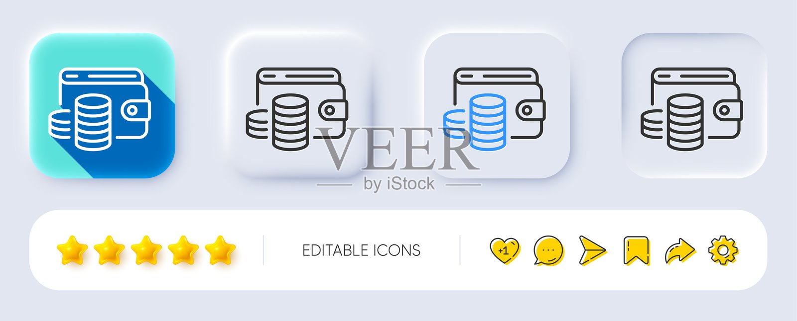 钱包现金线条图标。硬币标志。拟物化按钮。矢量图。插画图片素材