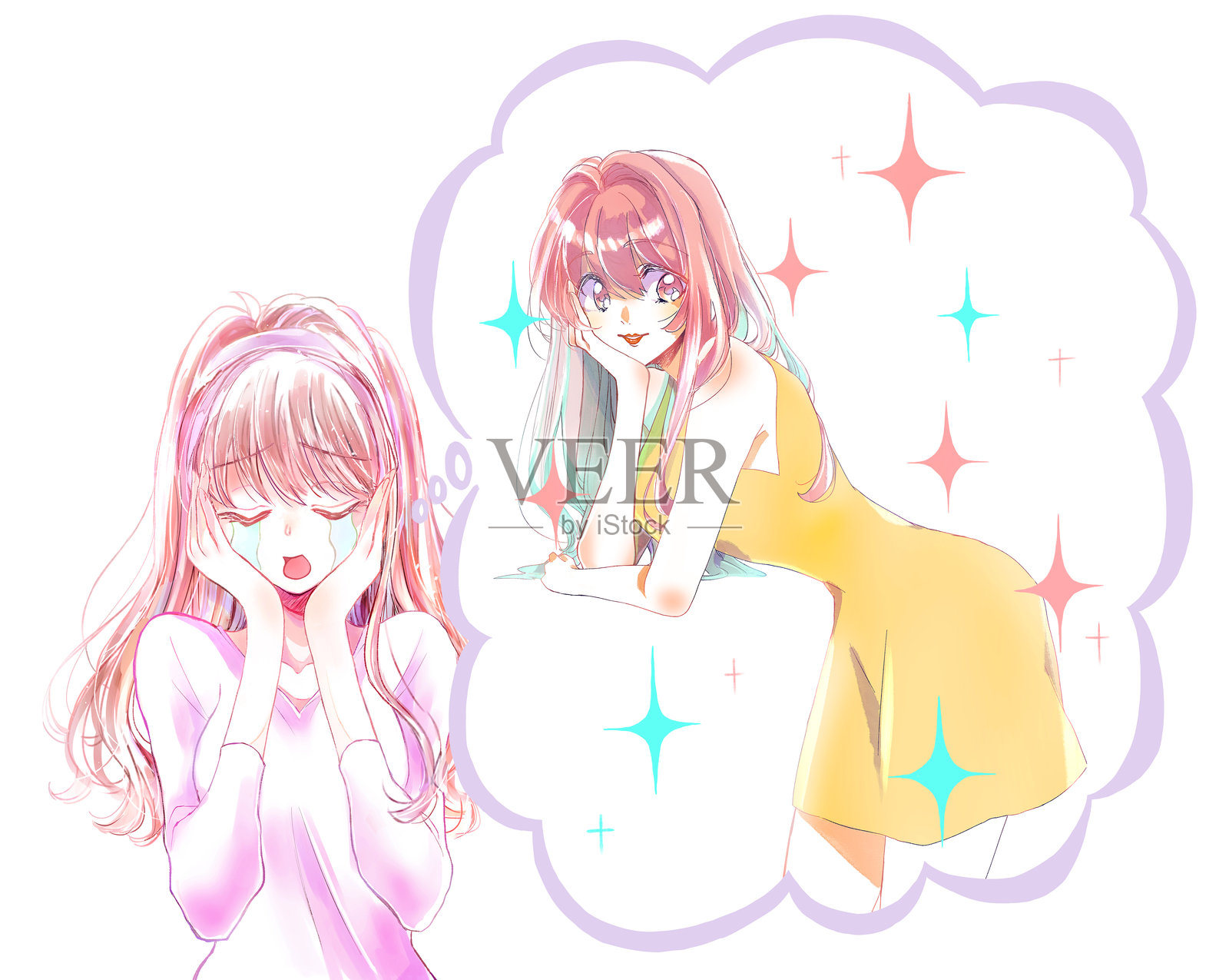 一位女性叹息着，想象着一位美丽的女性。插画图片素材