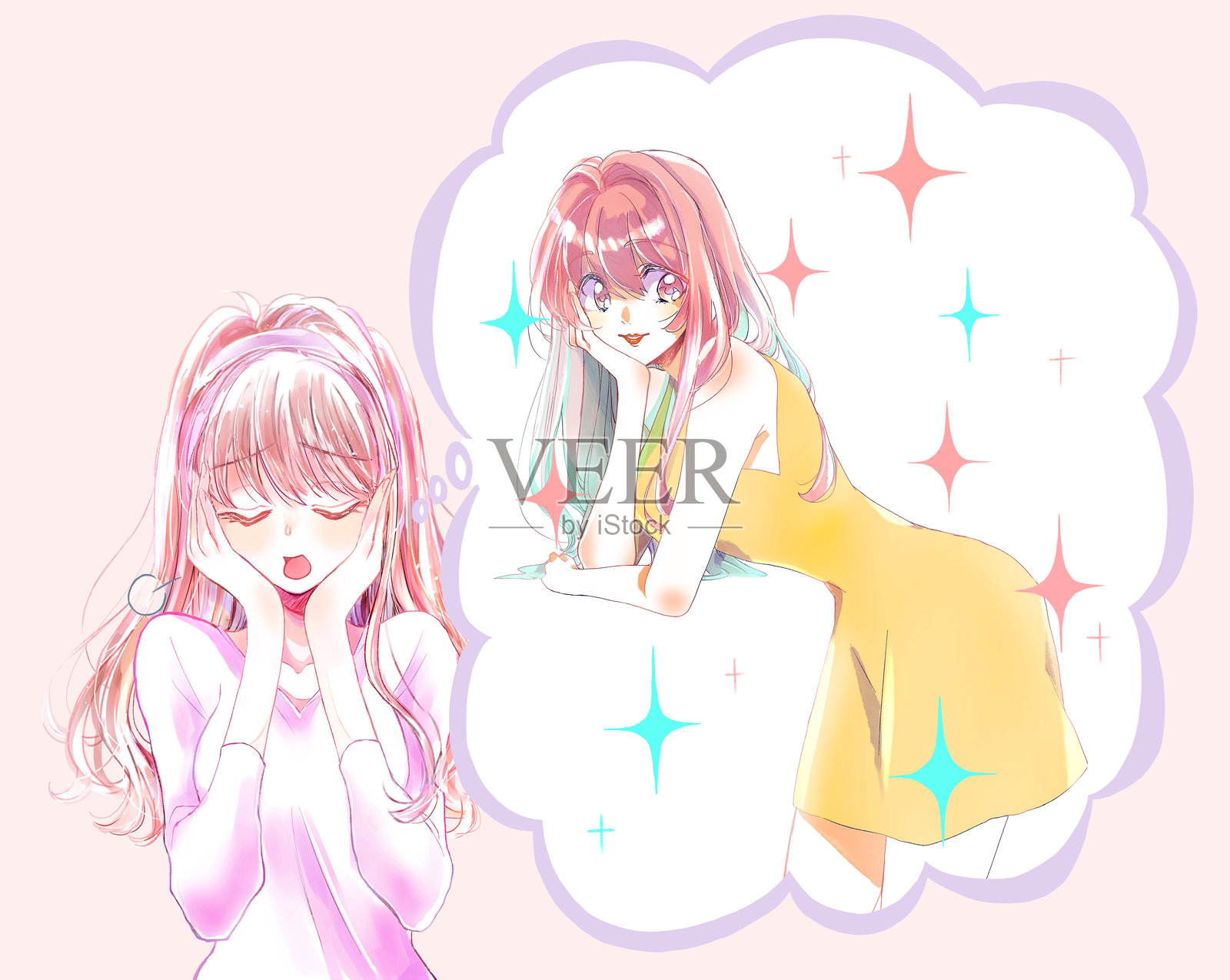 一位女性叹息着，想象着一位美丽的女性。插画图片素材