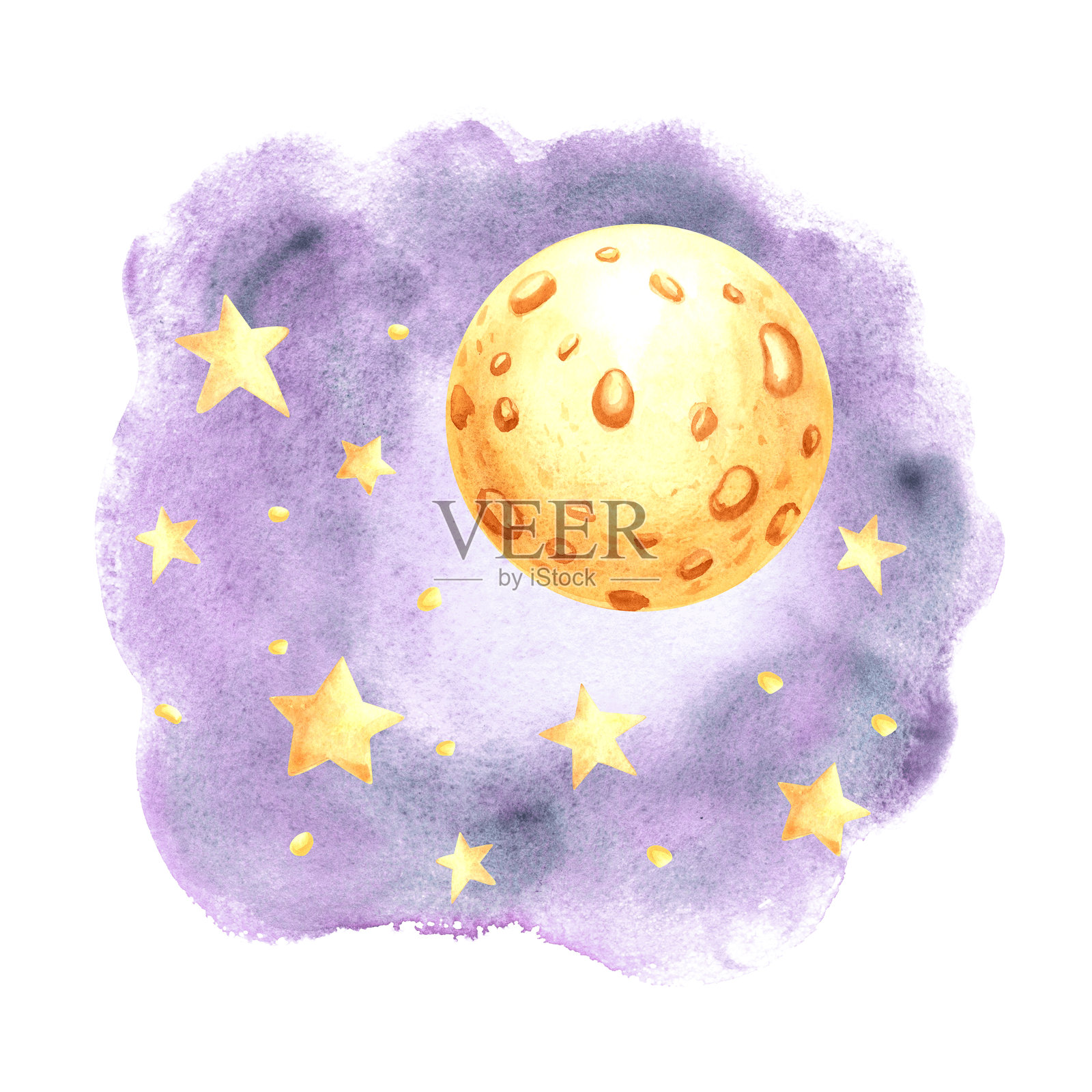 夜空中黄色满月与云朵和星星的水彩插图，适合儿童设计。可爱的手绘天体圆月。适合婴儿房或婴儿纺织品的装饰元素。梦幻的剪贴画。插画图片素材