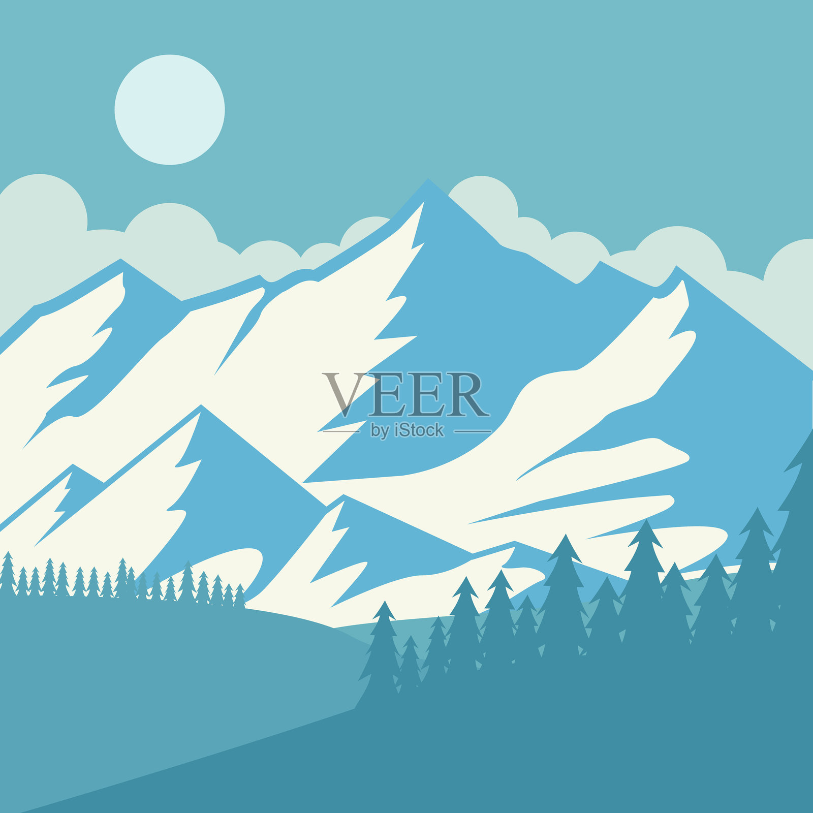 雪山风景矢量插图模板图形设计。冬季景观中的森林、河流和自然，象征冒险与旅行渴望的标志或符号。插画图片素材