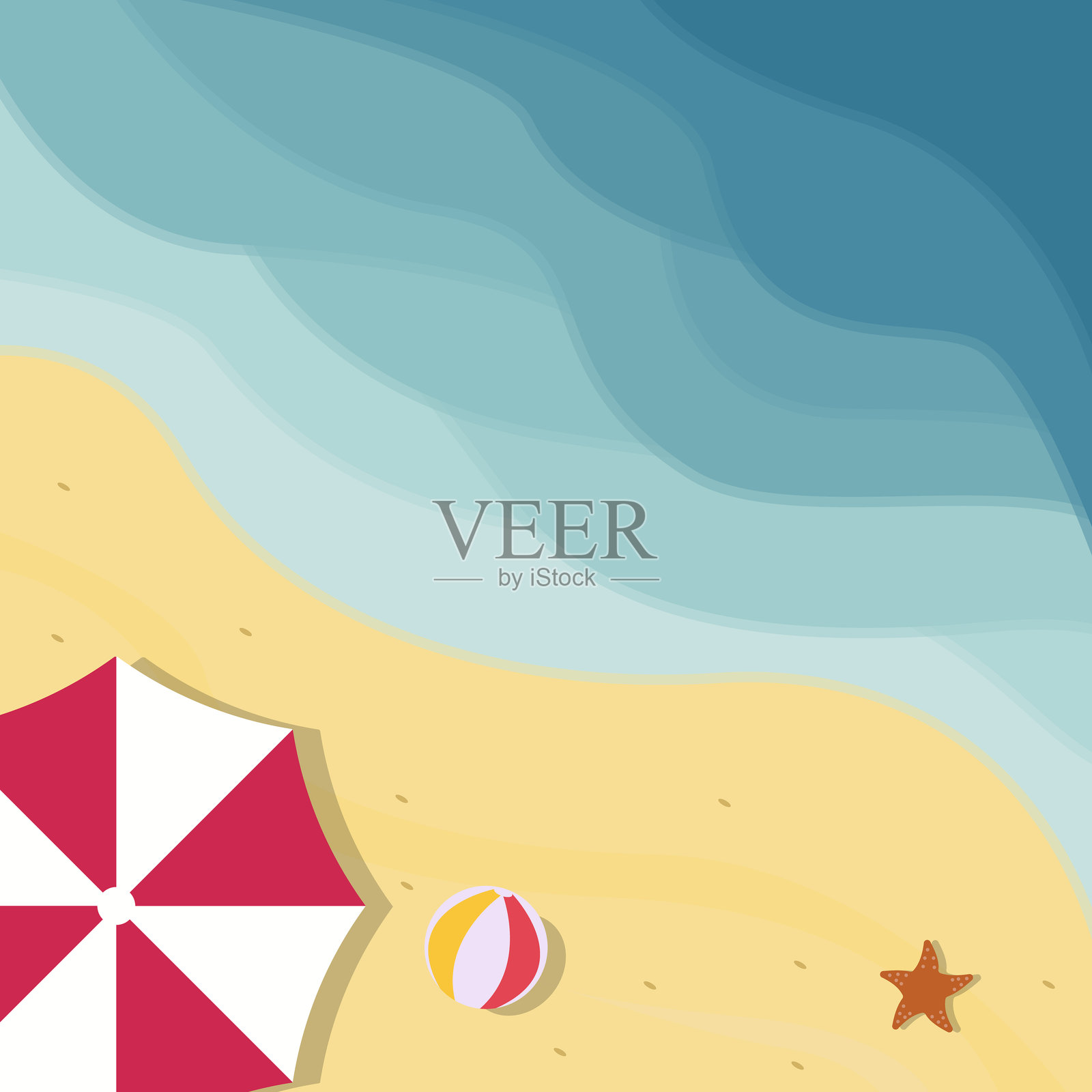 海滩或岛屿风景矢量插图模板图形设计。海洋与自然，配有伞和沙滩球、海星，象征冒险与旅行渴望的标志或符号。插画图片素材