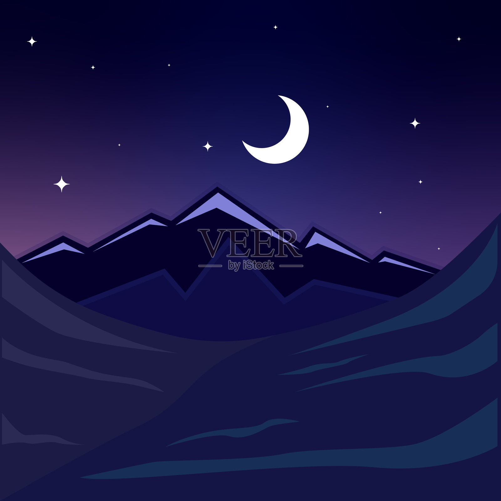 山脉风景矢量插图模板图形设计。草原和自然夜景标志或符号，适用于冒险和旅行业务的渴望。插画图片素材