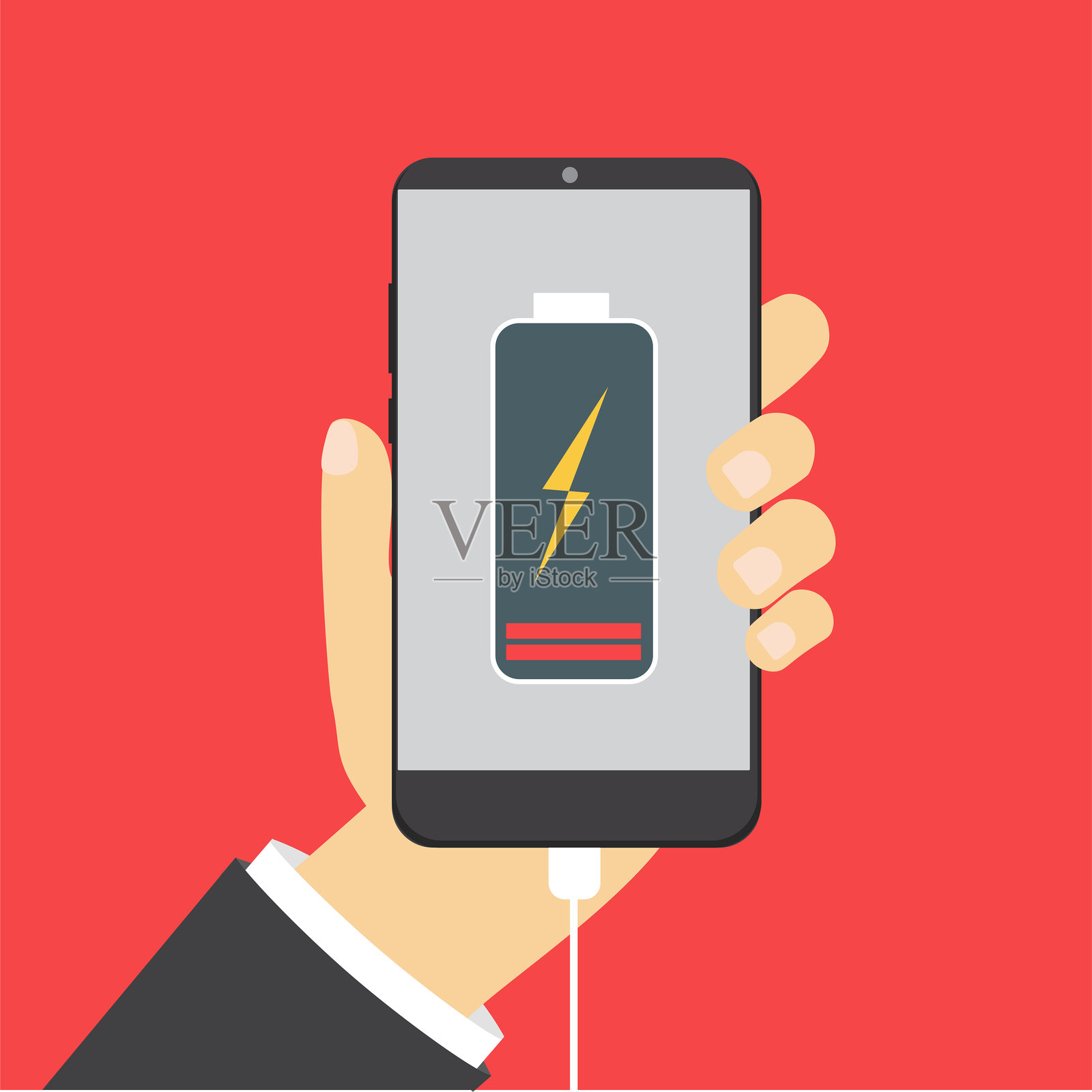 手握智能手机，屏幕上显示低电量符号。电池耗尽。插画图片素材