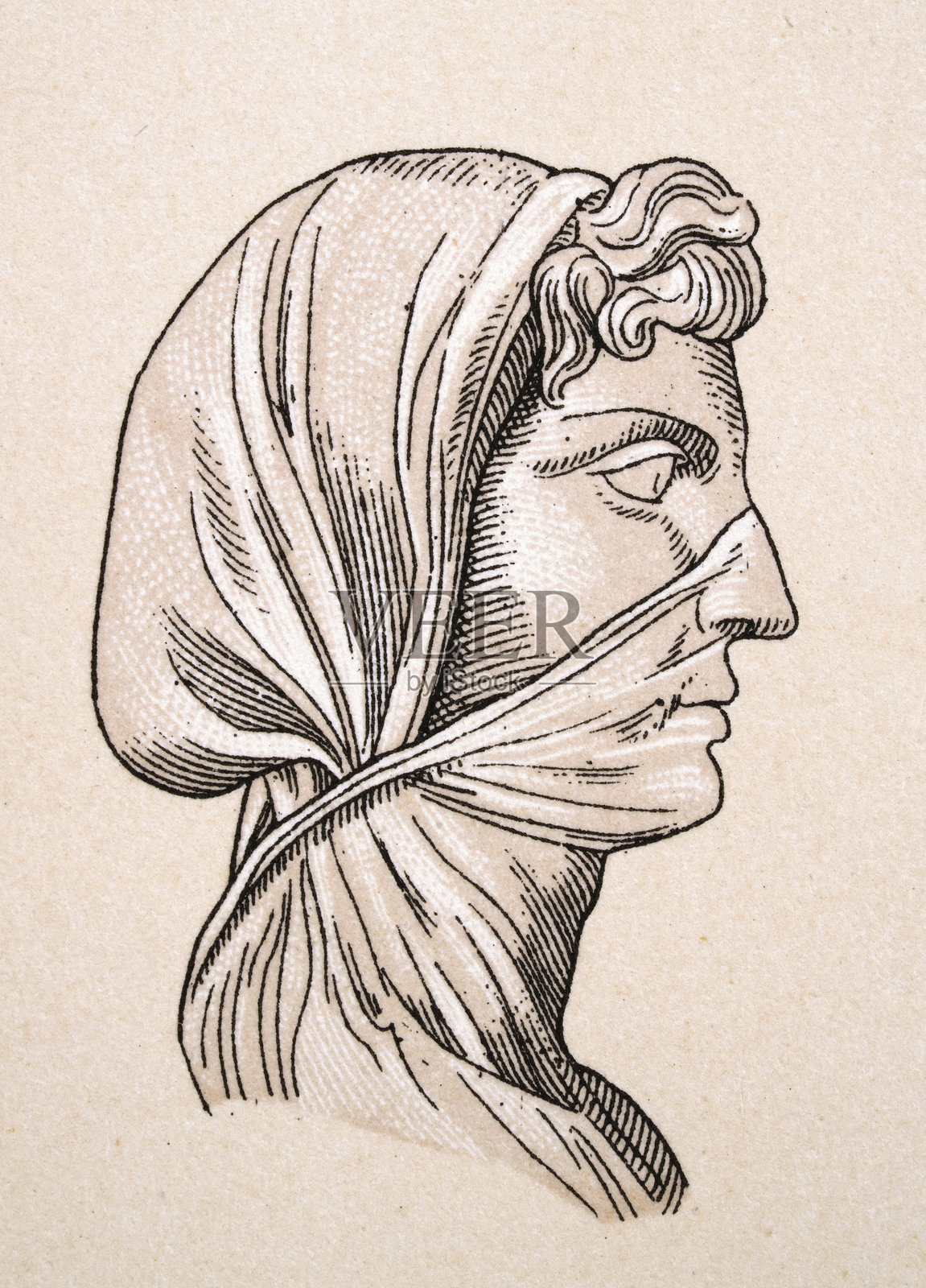 古罗马历史，罗马发型，年轻女性，头发被覆盖，头巾，复古插图插画图片素材