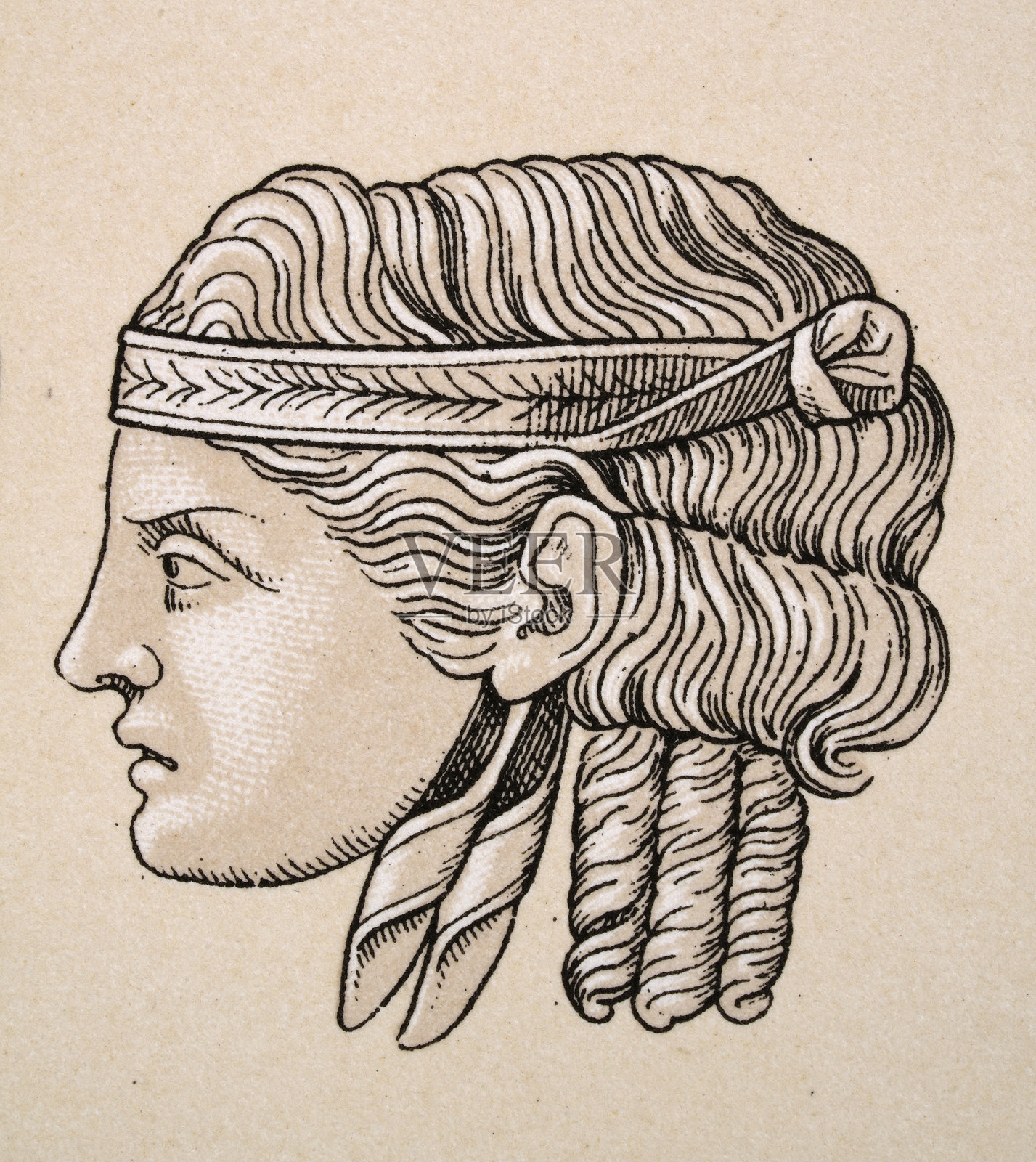 古罗马历史，罗马发型，年轻女性，卷发，头带，花冠，复古插图插画图片素材