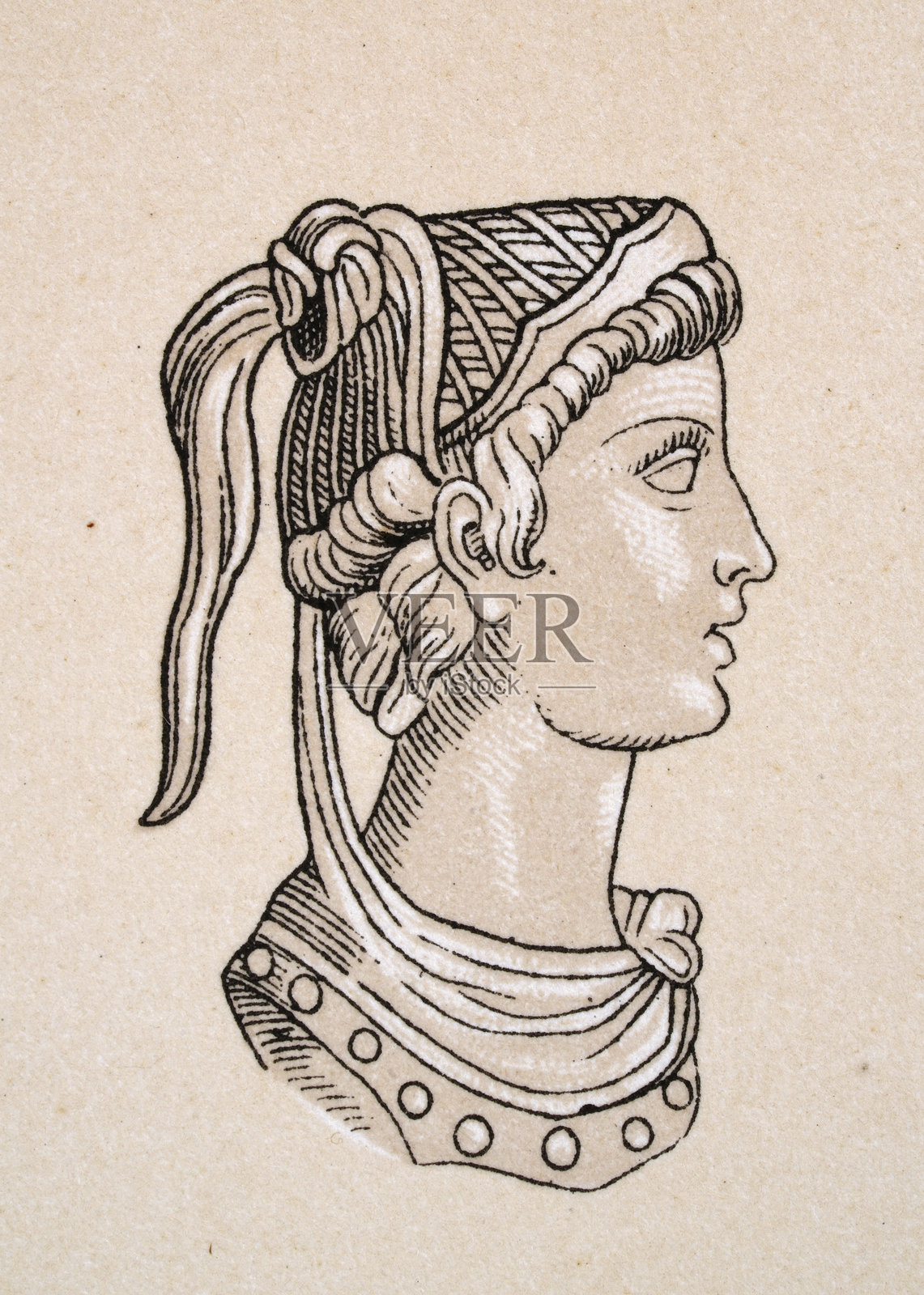 古罗马历史，罗马发型，年轻女性，马尾辫，头带，花冠，复古插图插画图片素材