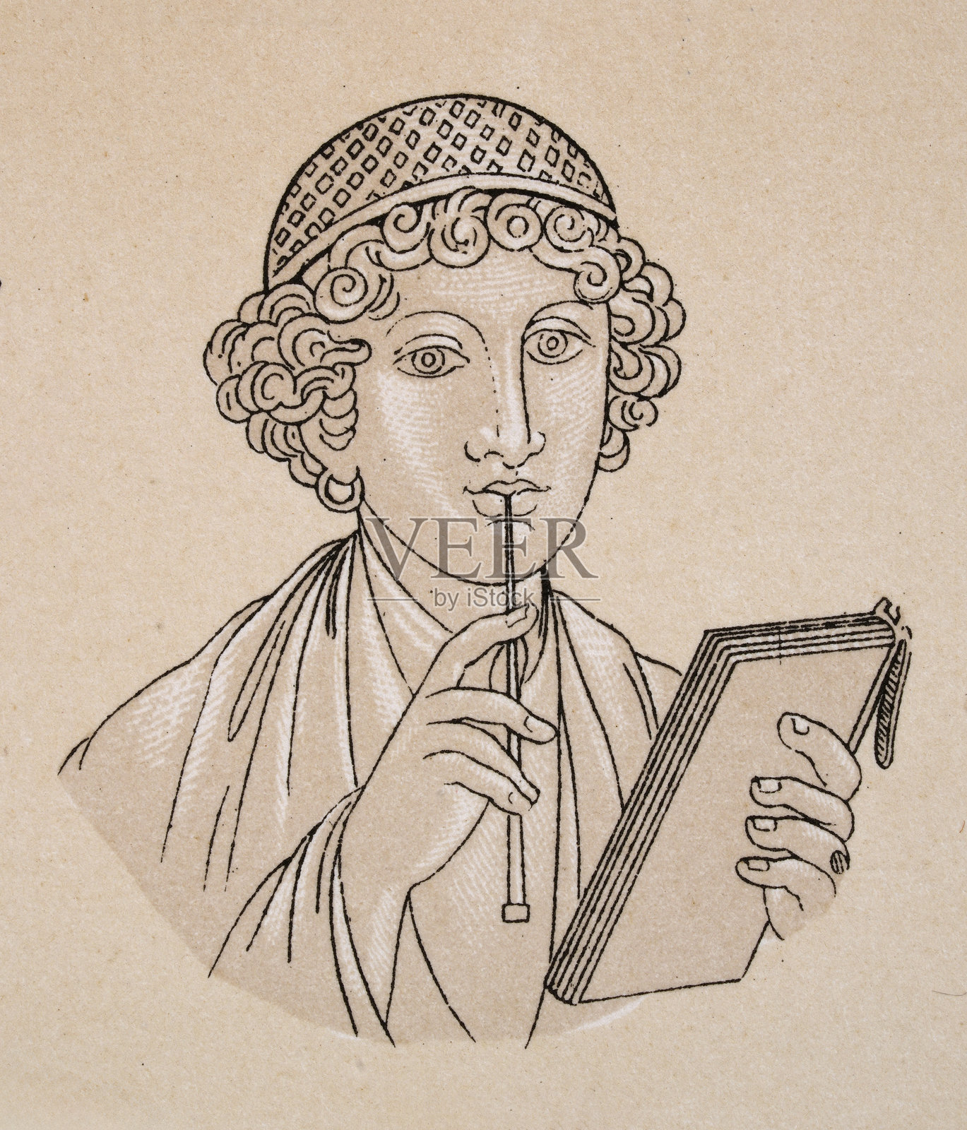 古罗马历史，罗马发型，帽子，书写工具和蜡板，复古插图插画图片素材