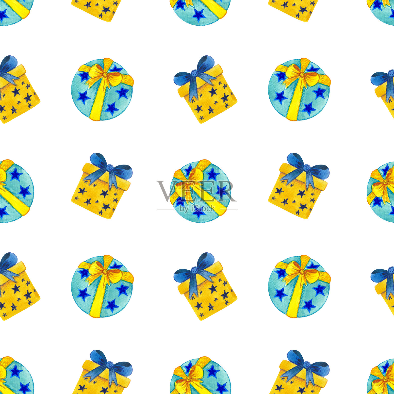 水彩无缝图案，包含礼品盒。手绘明亮插图，背景为白色。适合儿童插图、印刷和纺织品的祝贺礼物。插画图片素材