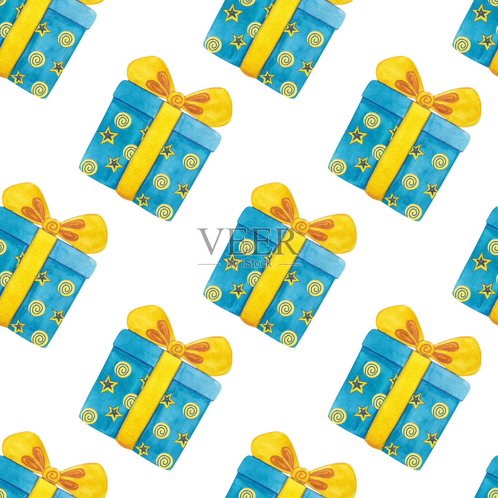 水彩无缝图案，包含礼品盒。手绘的明亮插图，背景为白色。适合儿童插图、印刷和纺织品装饰的祝贺礼物。插画图片素材