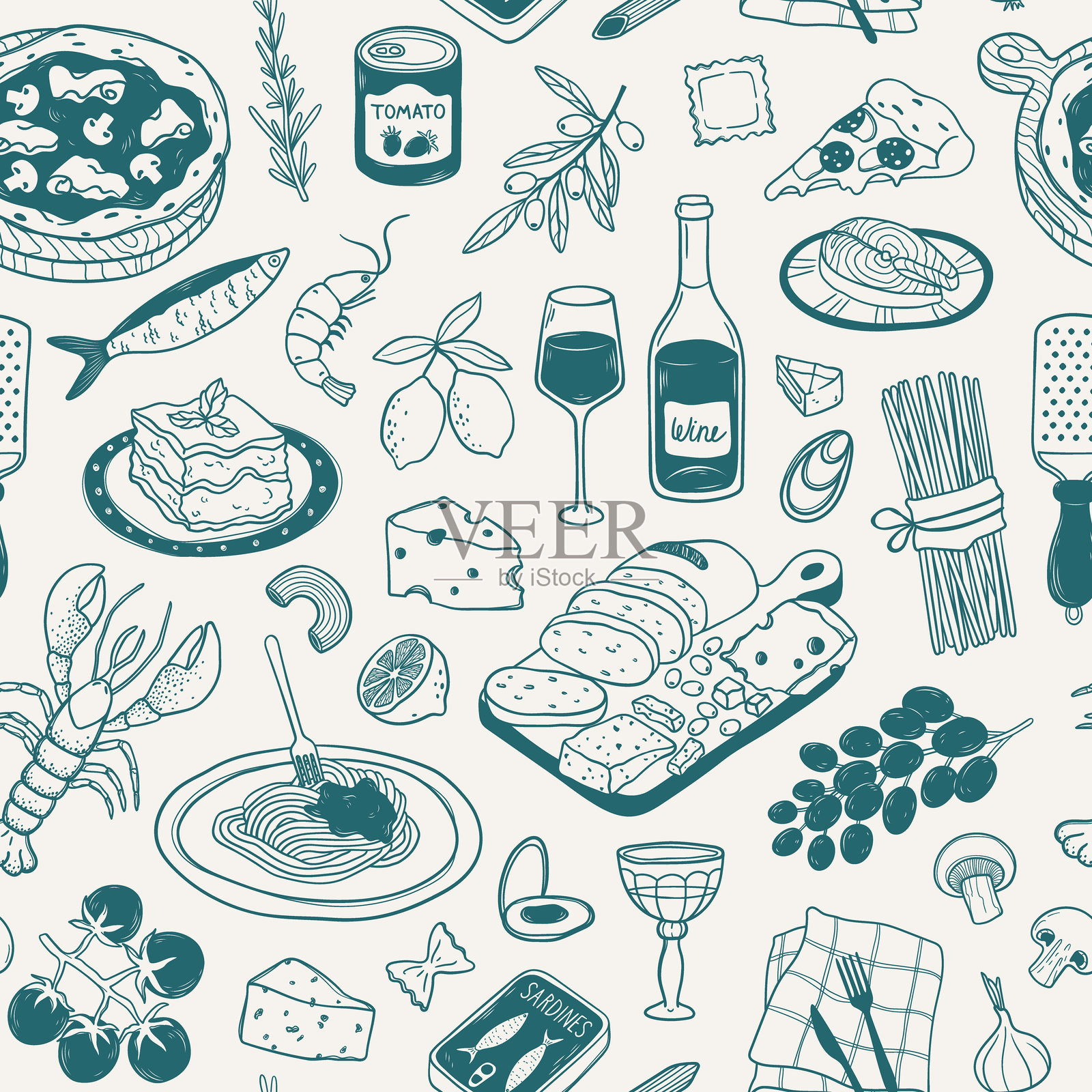 意大利美食的无缝涂鸦图案插画图片素材
