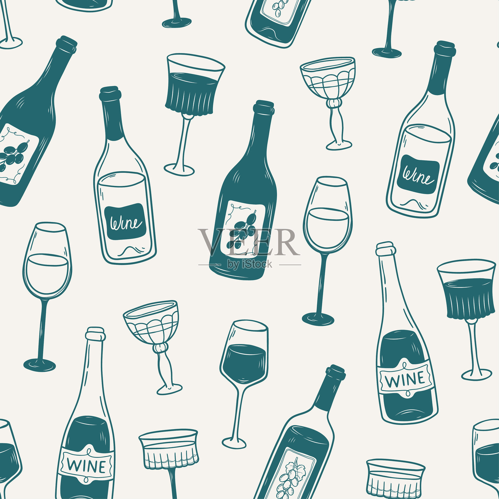 无缝图案，包含酒瓶和酒杯插画图片素材