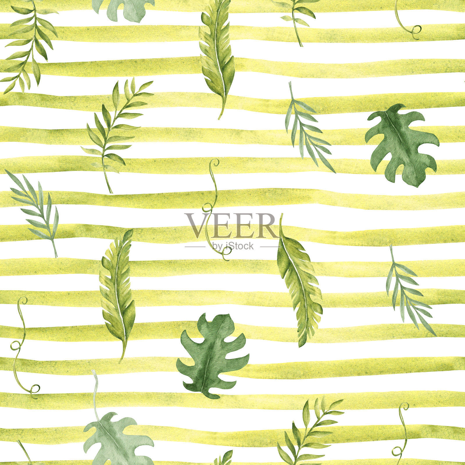 热带叶子无缝图案，背景为绿色和黄色条纹。包含棕榈树、桉树和怪兽植物，配有藤蔓，横向的笔触或线条。水彩手绘插图。适用于包装纸和纺织印刷。插画图片素材