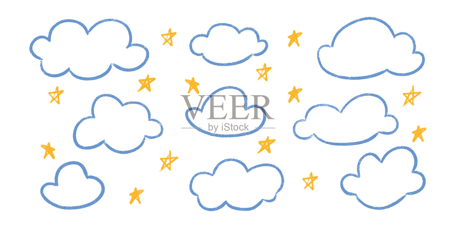 蜡笔粉笔儿童云朵涂鸦组合 - 可爱的歪斜星星不规则手绘风格。插画图片素材
