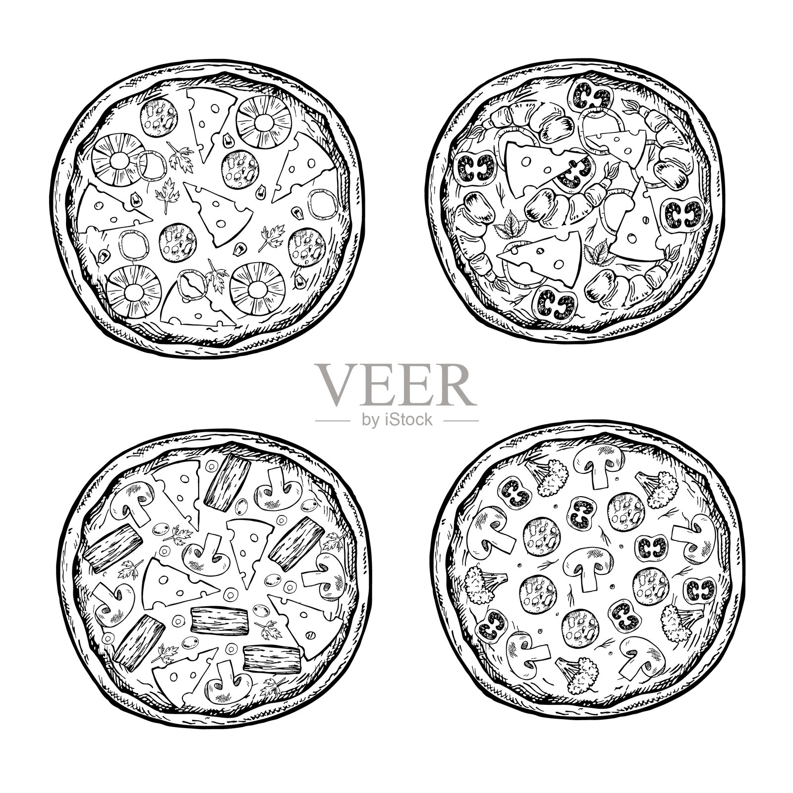一组完整的圆形比萨饼。矢量图形，手绘黑白插图。背景为白色。适用于食谱、菜单、比萨店装饰、包装等。插画图片素材