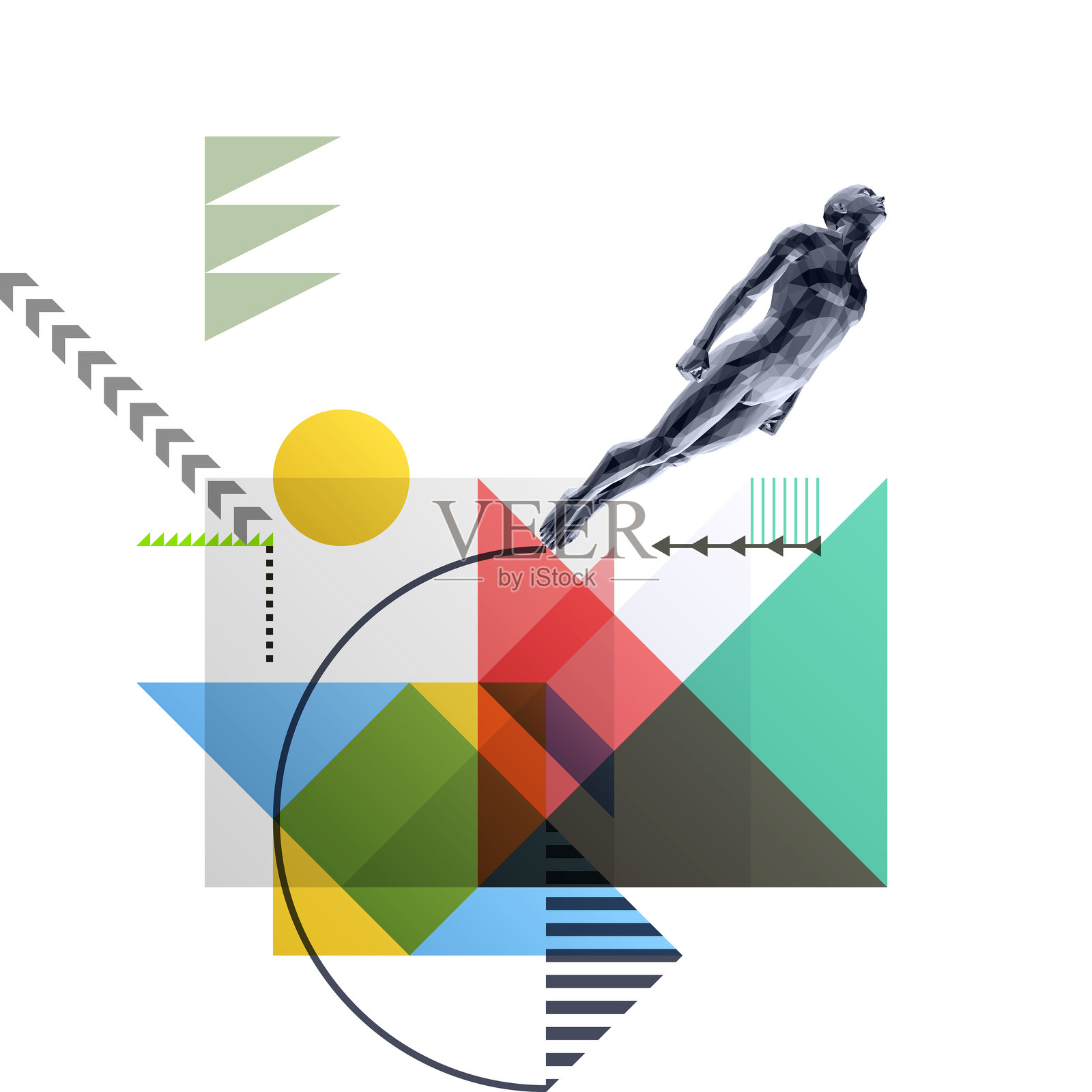 艺术构图。跳跃男子的剪影。自由概念。透明几何背景。演示、海报、封面或小册子的封面设计模板。插画图片素材