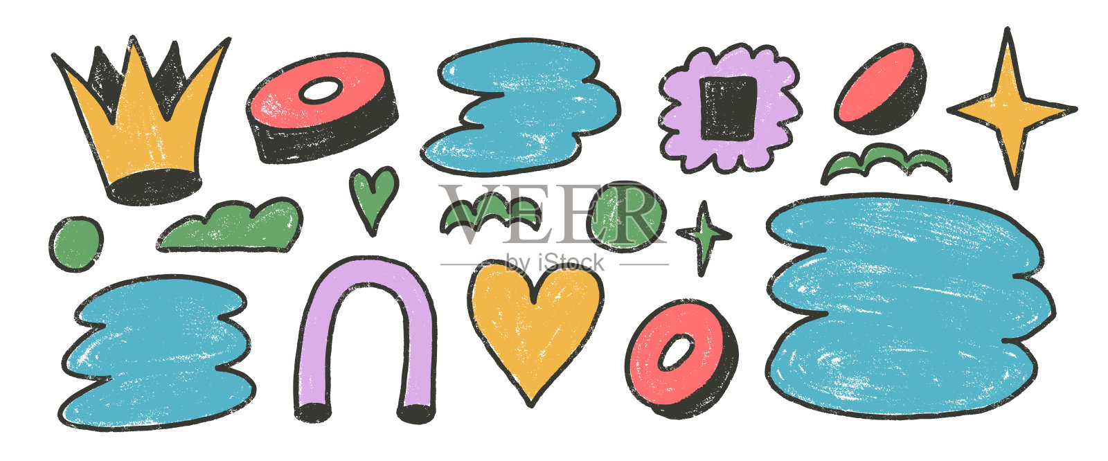 抽象的Y2K形状和文本框蜡笔绘制的套件。天真的涂鸦标签图形在白色背景上。气泡框几何形状元素。铅笔描边的矢量插图。插画图片素材