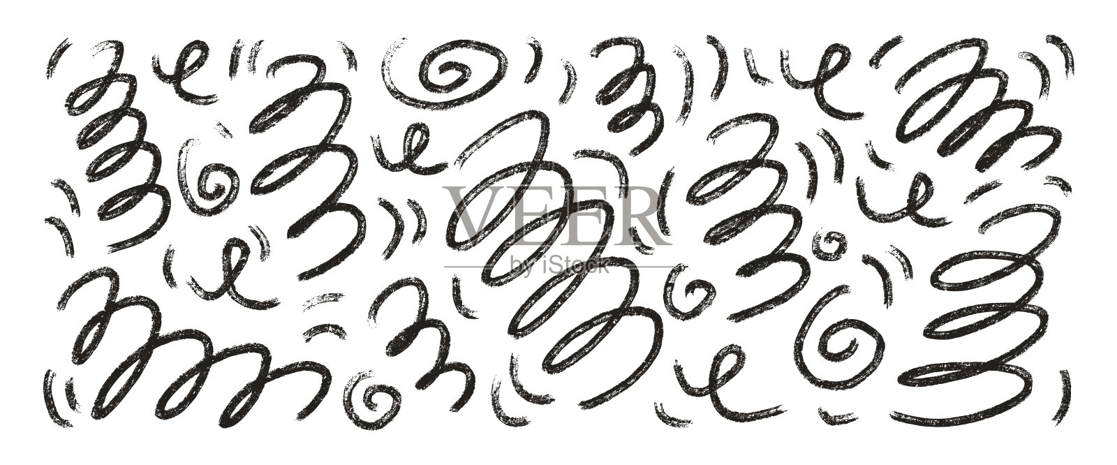 涂鸦粉笔波浪形状。手绘涡卷彩带集合。矢量黑白粗糙蜡笔笔触线条合集。曲线和涡旋矢量涂鸦元素。卷曲的墨水笔刷螺旋。插画图片素材