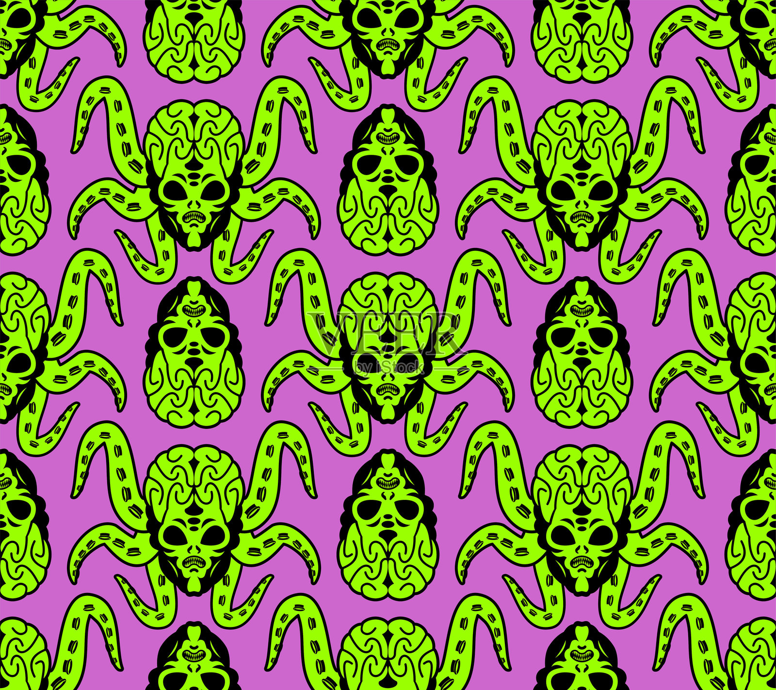 恐怖外星人图案无缝设计。邪恶外星入侵者背景。愤怒的绿色飞碟纹理。插画图片素材