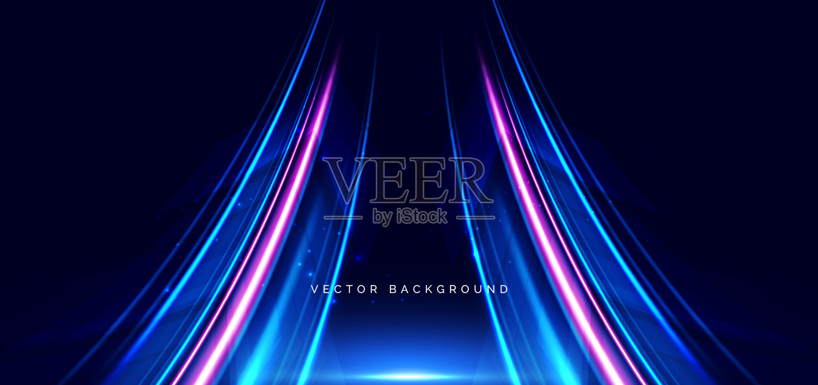 高速蓝色和粉色霓虹波束在深蓝色背景上，带有箭头元素。速度运动概念。插画图片素材