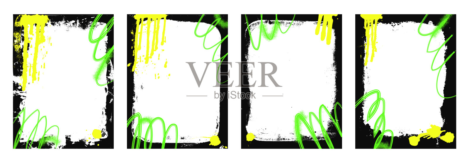 涂鸦框架模板。嘻哈霓虹喷漆艺术布局背景框。带有喷涂线条的边框。用于设计的墨水粗糙装饰。复古纹理横幅集叠加。矢量城市插图。插画图片素材