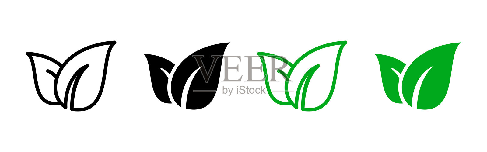 叶子图标。三片风格化的绿色叶子矢量插图。自然植物生长的象征。环保、有机和植物学概念，适用于可持续发展、素食产品和环境主题。插画图片素材