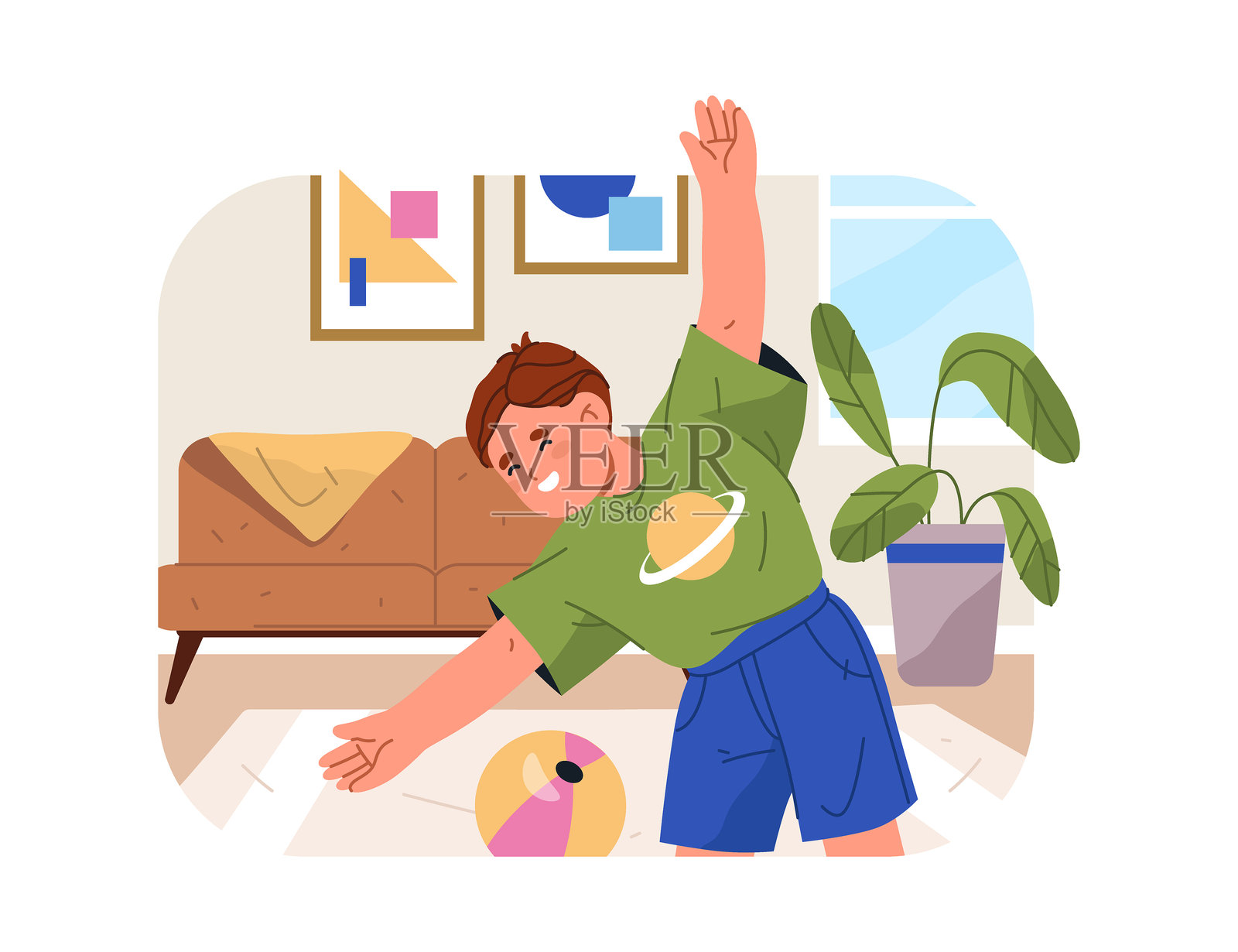 男孩早晨伸展，日常活动插画图片素材