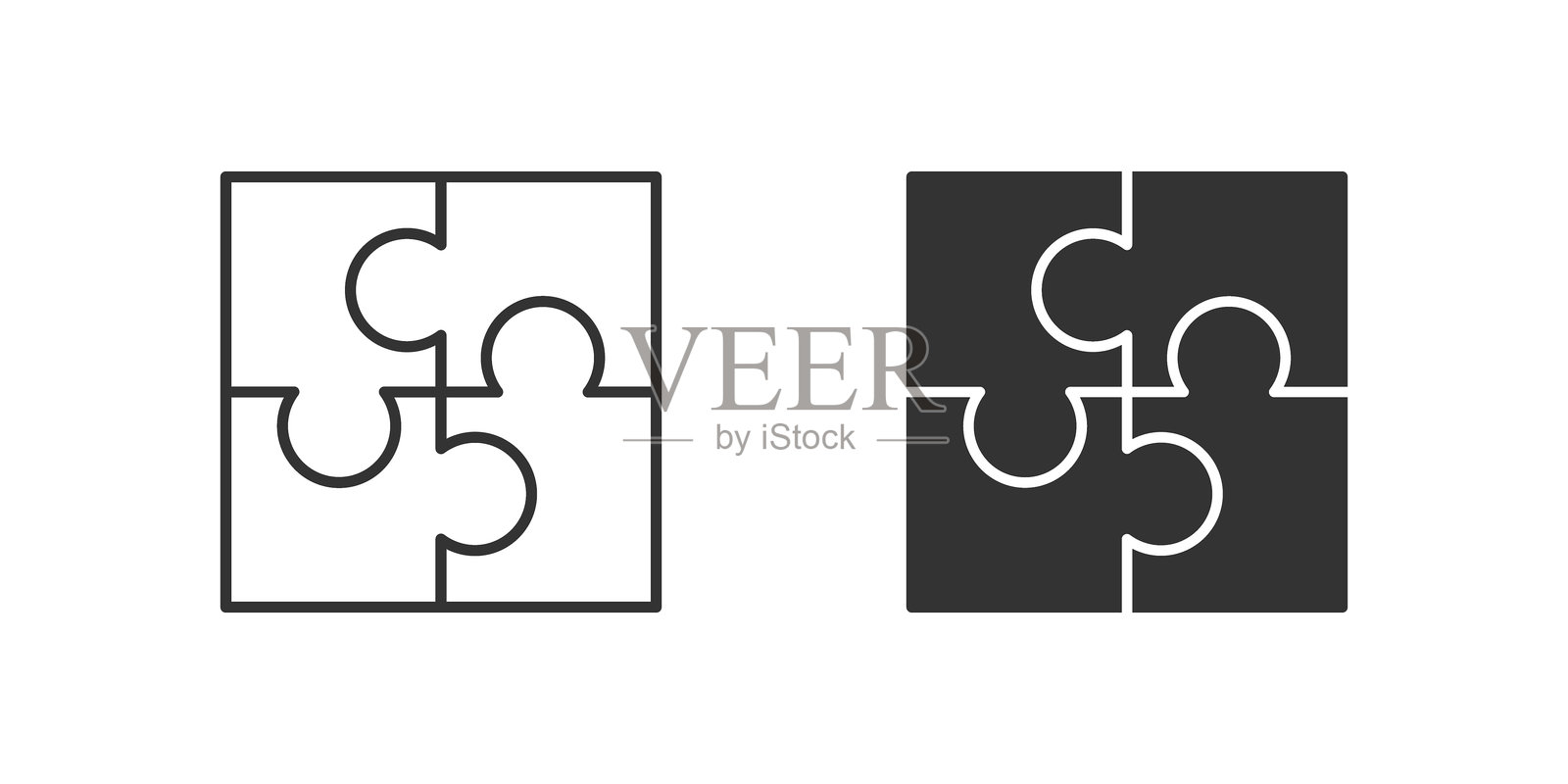 团队合作图标集。一个黑色拼图图标，代表合作。插画图片素材