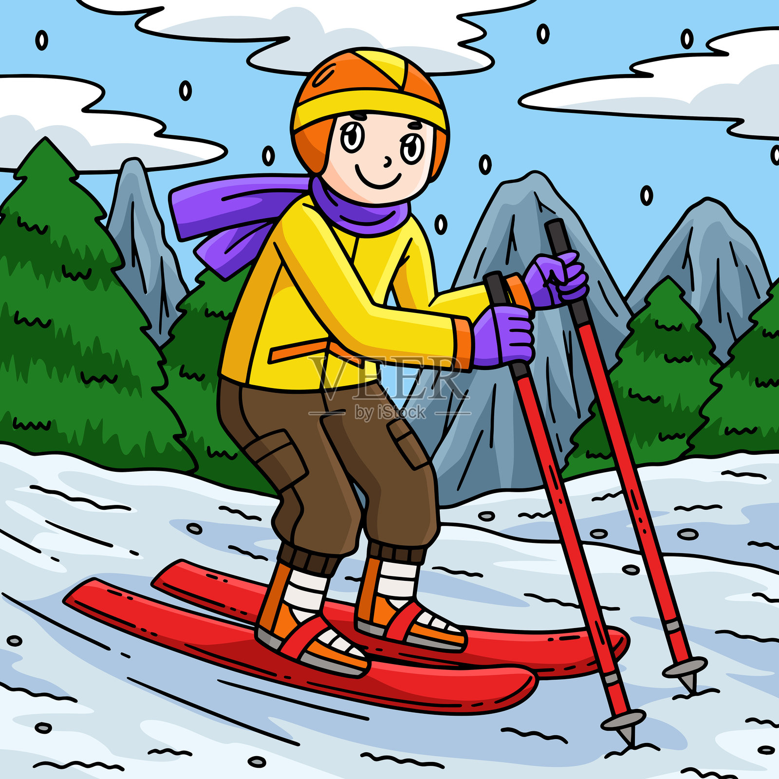 滑雪男孩拖着彩色滑雪杖向前移动插画图片素材