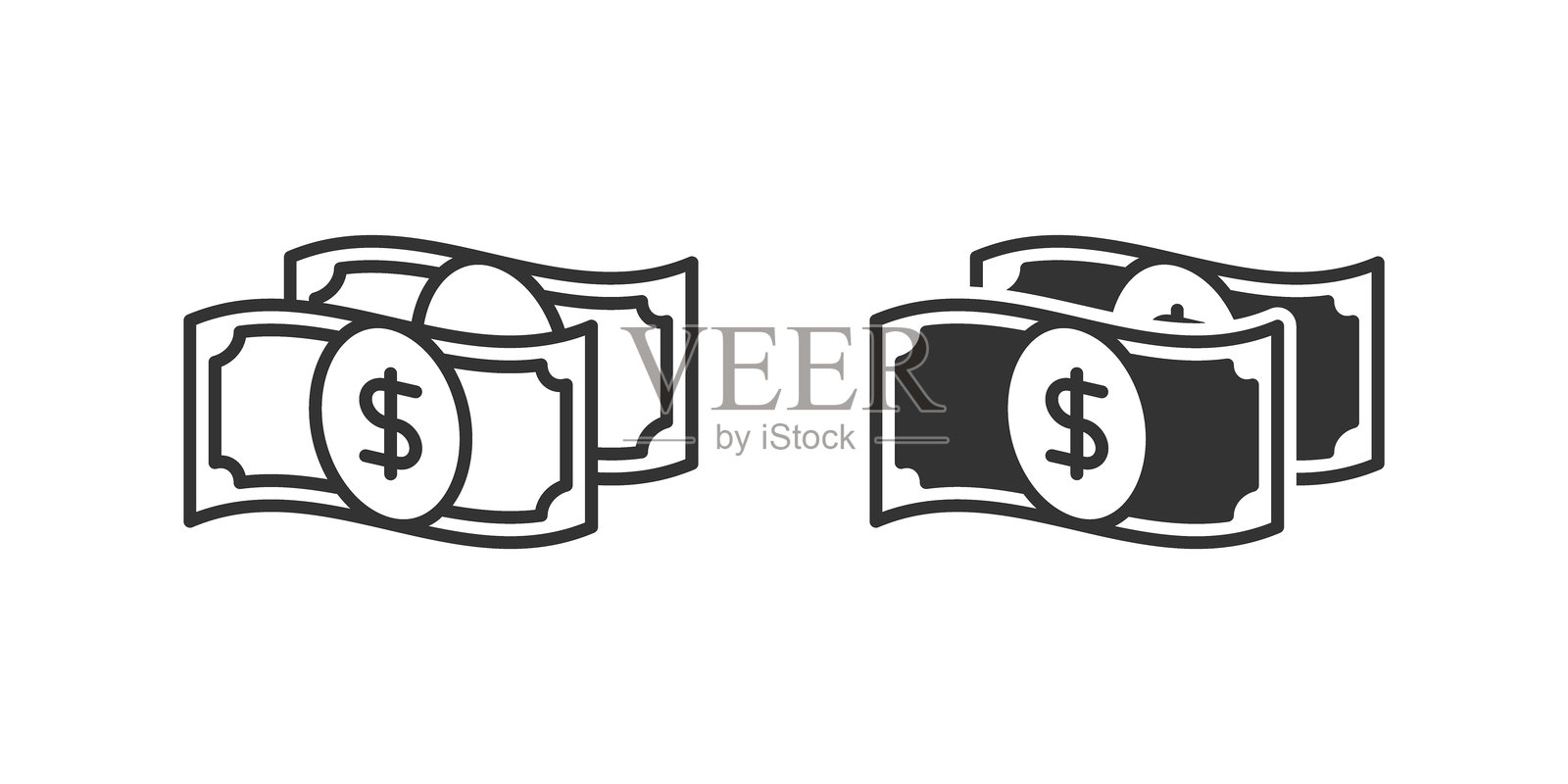 钱币图标集。一个黑色的金钱堆图标，象征着财富。插画图片素材