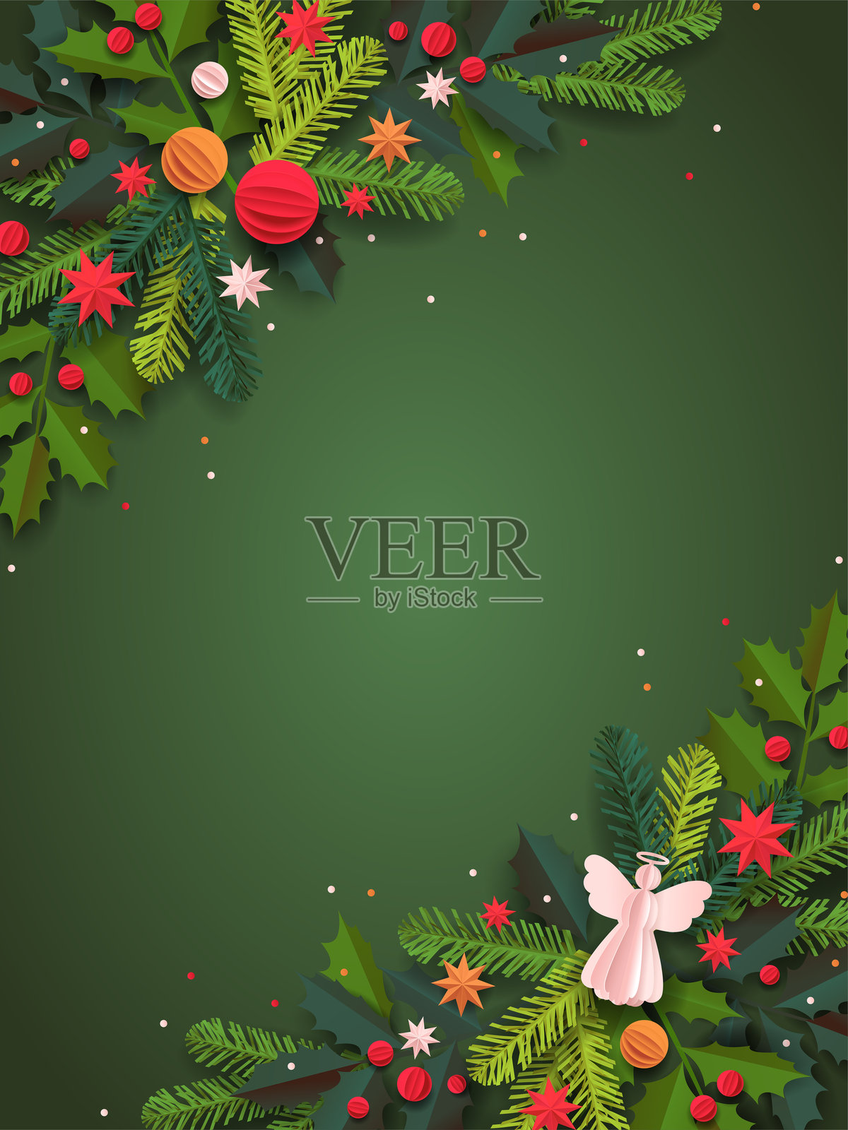 剪纸模板。垂直圣诞节贺卡。圣诞树、球和装饰品在绿色背景上孤立。插画图片素材