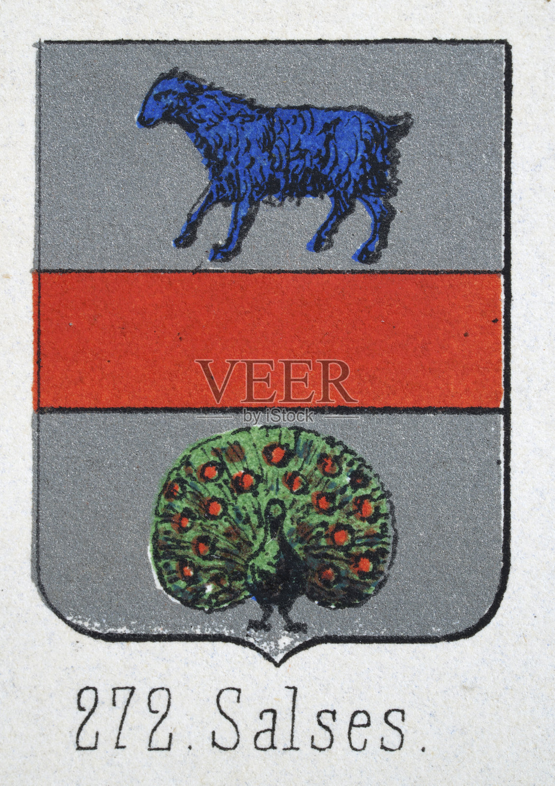 中世纪纹章，徽章，带有蓝色、羊、孔雀、银色、红色的盾牌，西班牙，复古插图插画图片素材