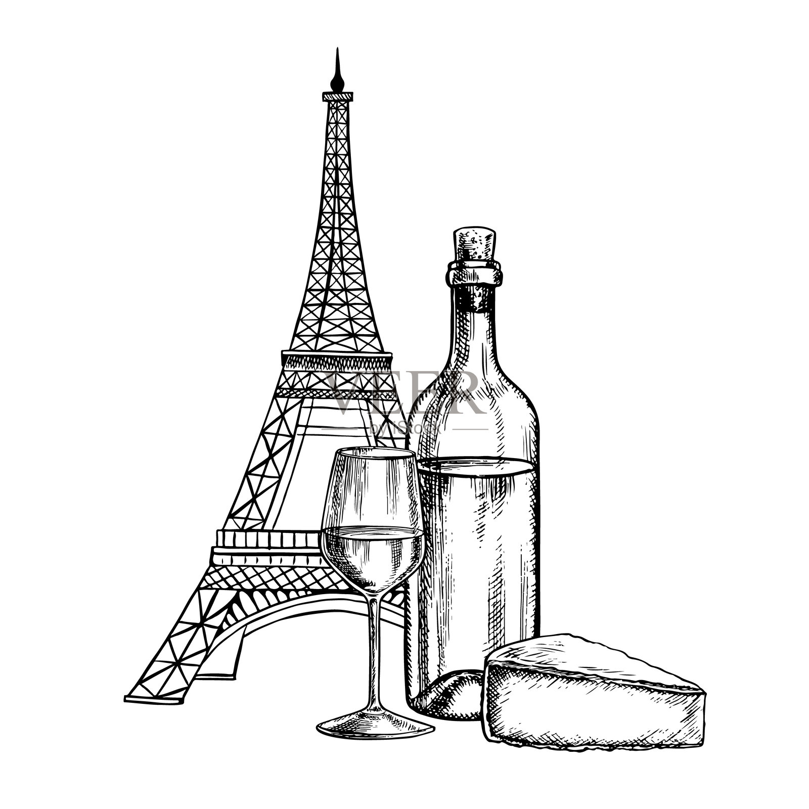 一瓶白葡萄酒、一只酒杯和法国奶酪在埃菲尔铁塔前。矢量手绘图形插图。法国奶酪和葡萄酒。用于包装和标签。适合横幅和海报。插画图片素材