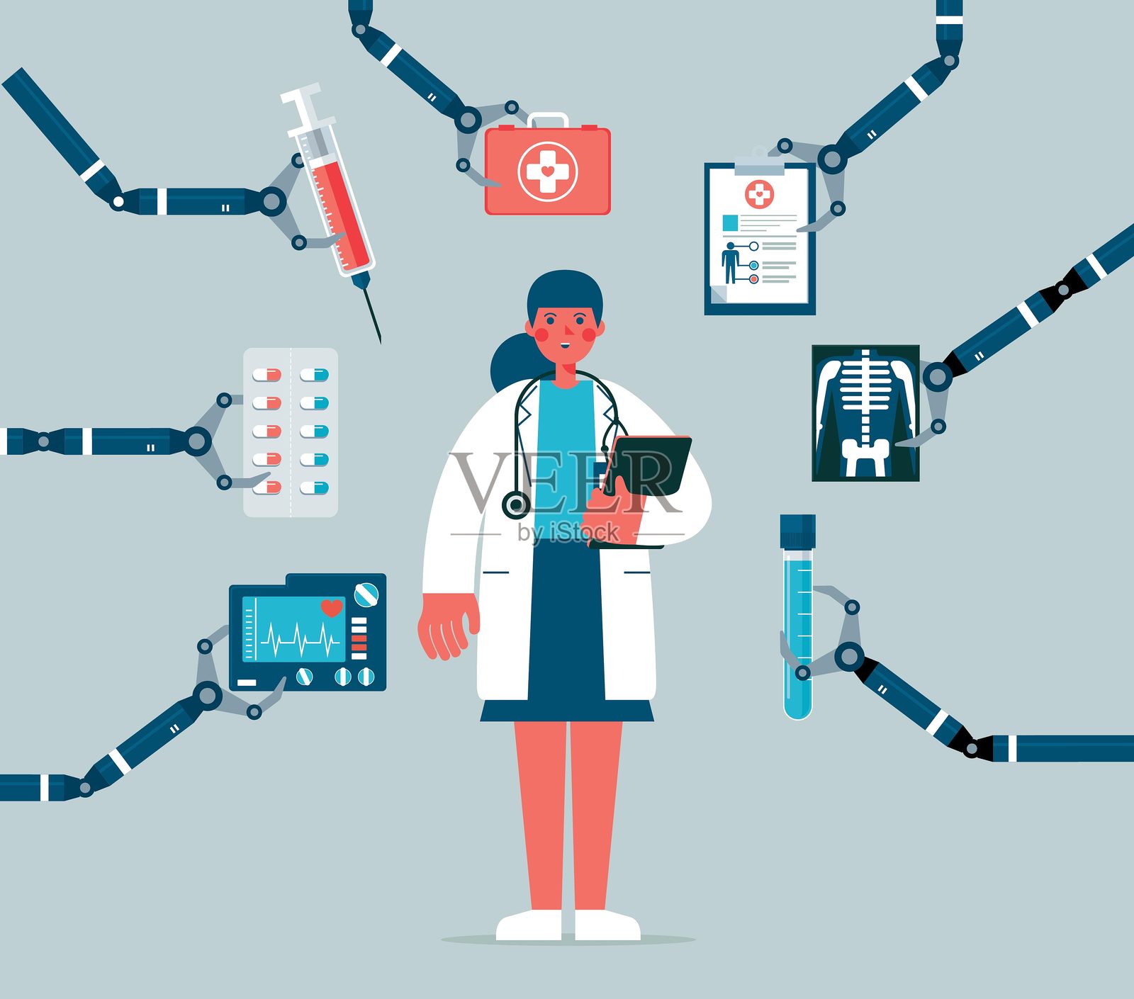 机器人和女性医生插画图片素材