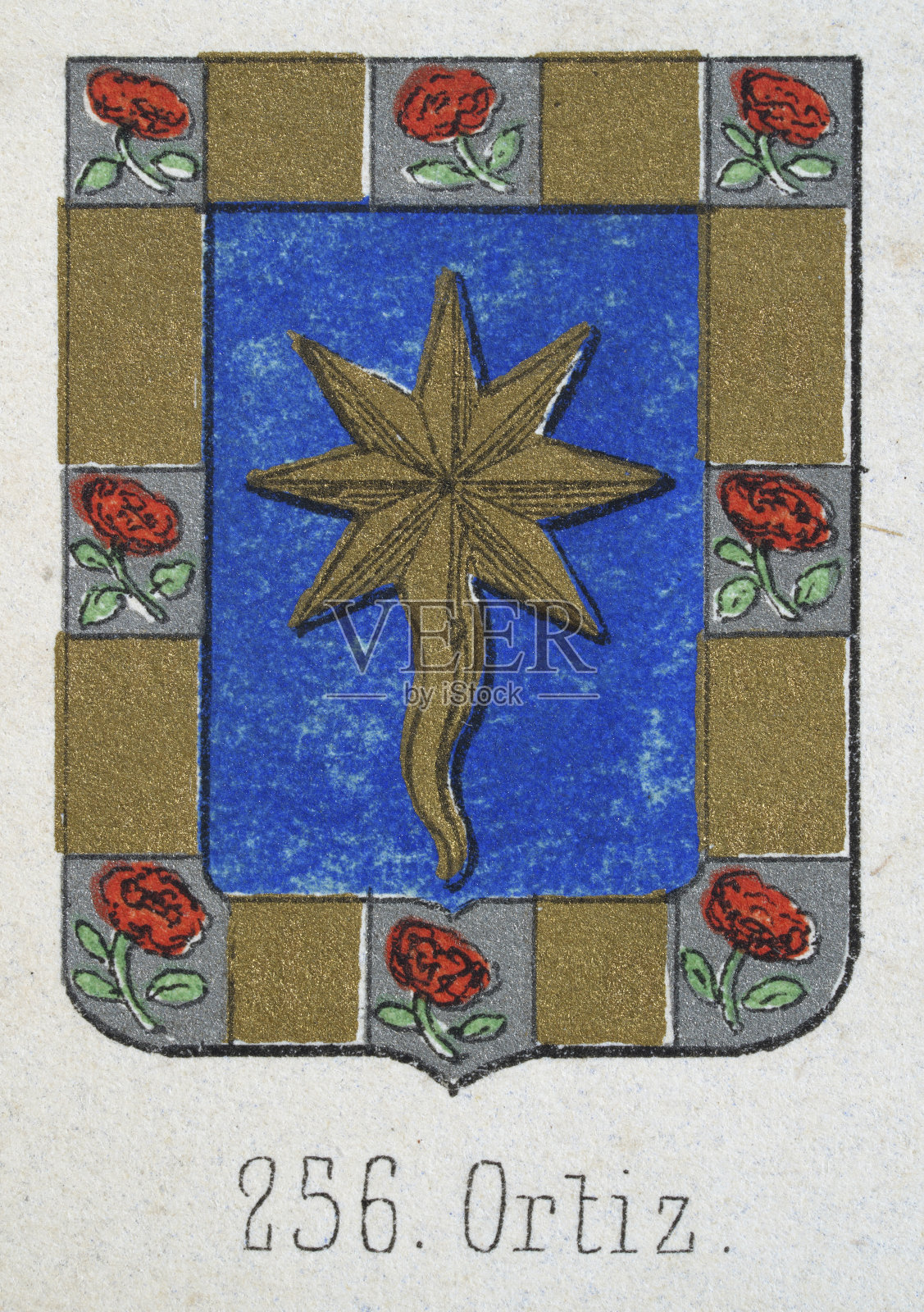 中世纪纹章，徽章，带有金色流星的盾牌，蓝色，红色，玫瑰，西班牙，复古插图插画图片素材