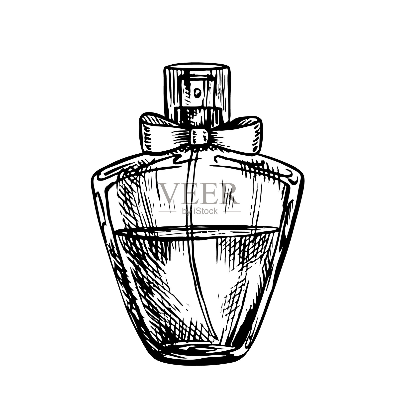 一个透明玻璃制成的香水瓶。美丽与时尚。手绘的黑白矢量插图。设计元素。独立于白色背景。适用于包装、标签和传单。插画图片素材