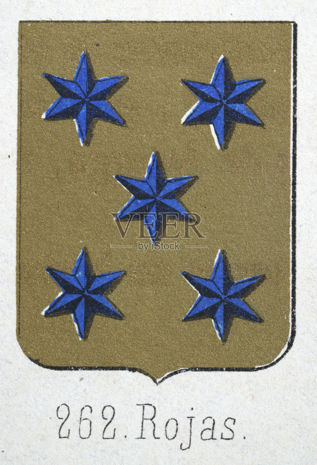 中世纪纹章，徽章，带有五颗蓝色星星的金色盾牌，西班牙，复古插图插画图片素材