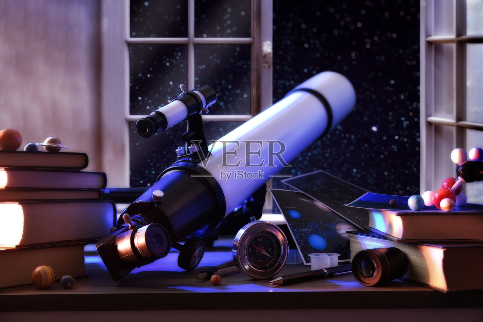 通过窗户用望远镜探索宇宙照片摄影图片