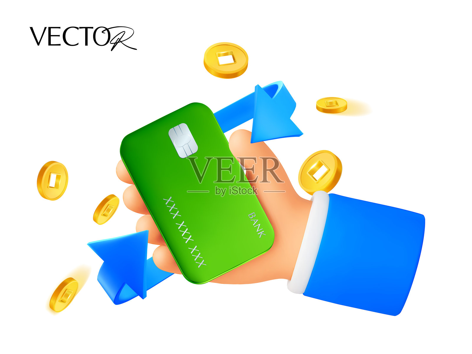 3D手握信用卡，周围有循环箭头和飞舞的硬币，背景为白色。3D矢量现金返还支付横幅模板。插画图片素材