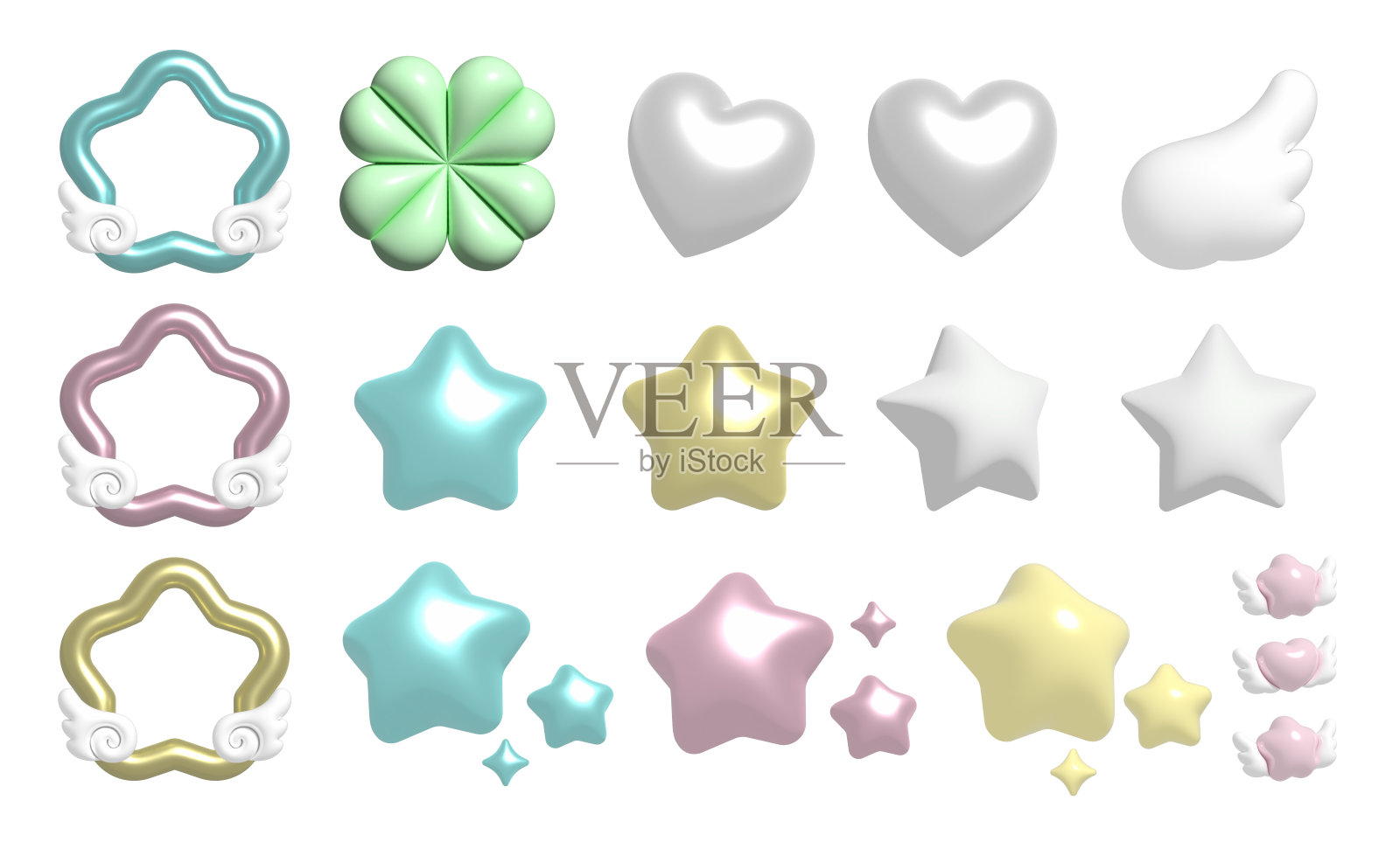 3D蓬松装饰图标集，采用Wishcore和Angelcore风格 - 丝带、心形、星星、翅膀插画图片素材